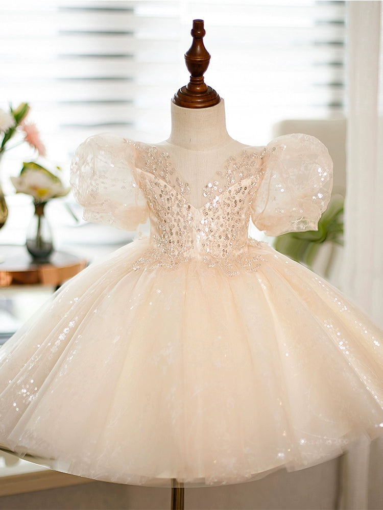 Champagne Princess Round Tea Length Sequined Flower Girl Dress for Weddings, Bridal Party, and Special Occasions