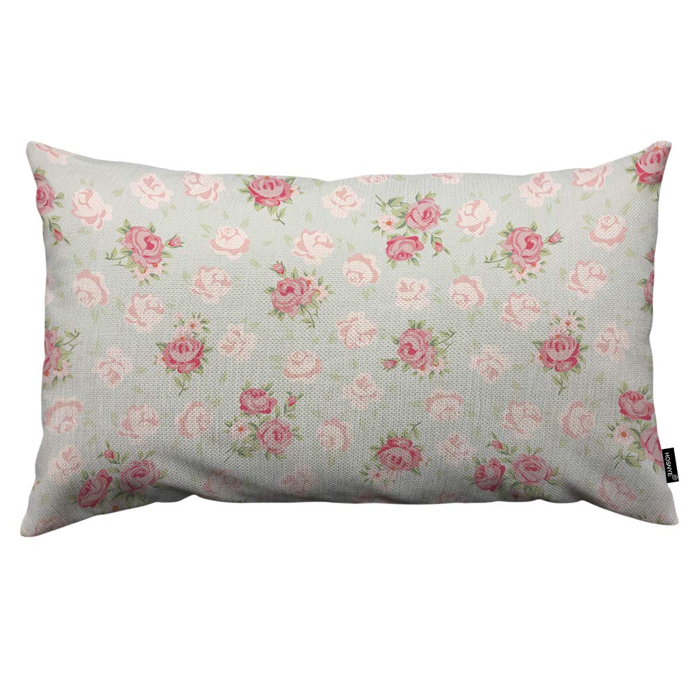 Vintage Style Linen Rose Throw Pillow Cover 12x20 Inch - Shabby Chic Floral Design for Couch, Bed, Sofa & Car Decor | Home & Office Decorative Accent