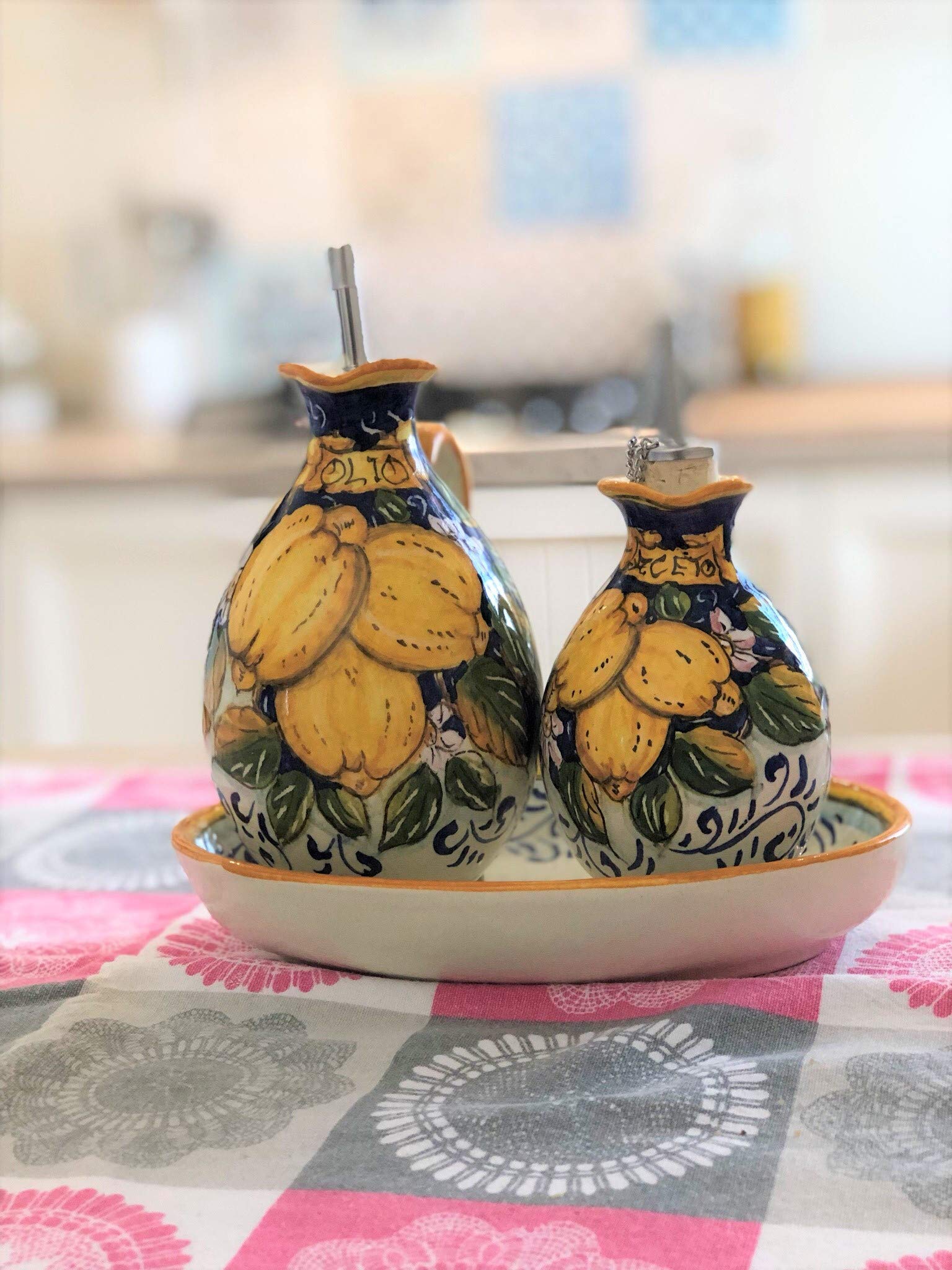 Italian Hand-Painted Tuscan Ceramic Oil and Vinegar Cruet Set with Lemon Decorated Tray - Artisanal Pottery Made in Italy | Perfect for Kitchen, Dining Table & Tuscan-Themed Home Decor