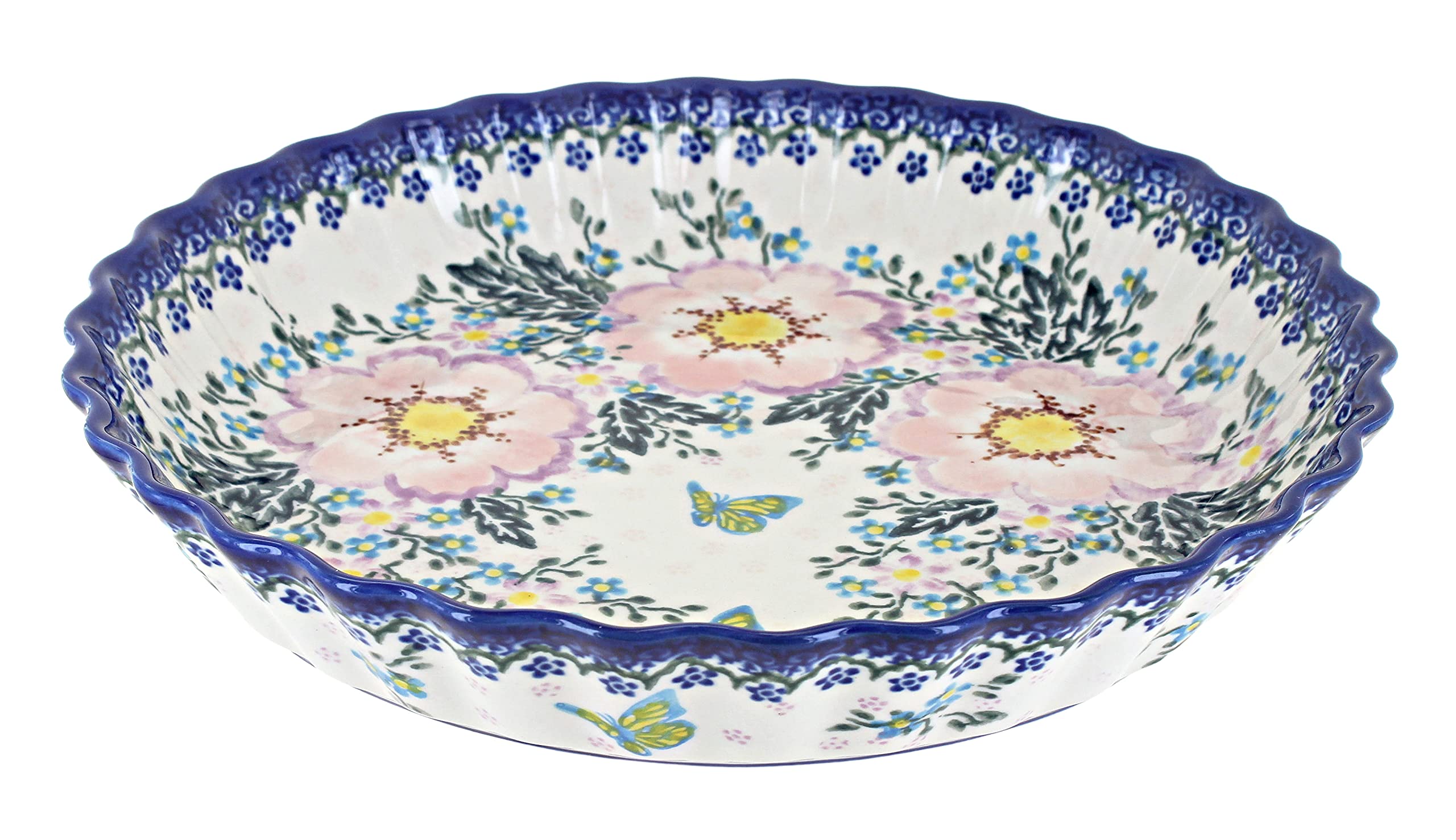 Blue Rose Polish Pottery Apple Blossom Pie Plate - Handmade Ceramic Pie Dish for Baking, Serving & Decorating - Perfect for Thanksgiving, Christmas & Family Gatherings