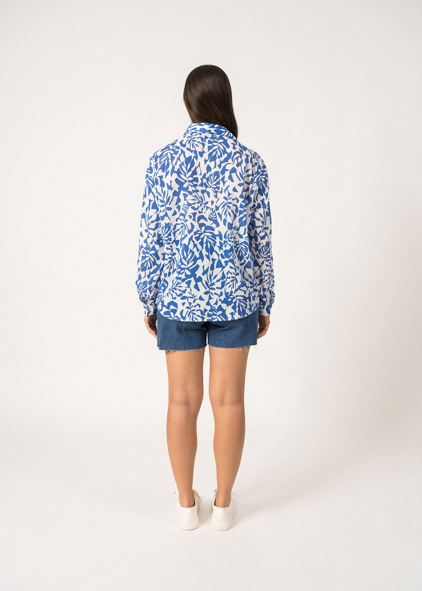 JEANNE Women's Floral Print Shirt | Lightweight Cotton Blouse in White & Mer Blue | Perfect for Spring Outfits & Casual Office Wear
