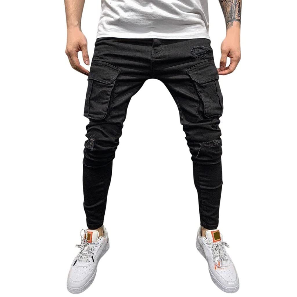 Distressed Stretch Denim Jeans for Men - Solid Color Streetwear Pants with Comfortable Fit | Perfect for Casual Wear, Urban Fashion & Everyday Outfits