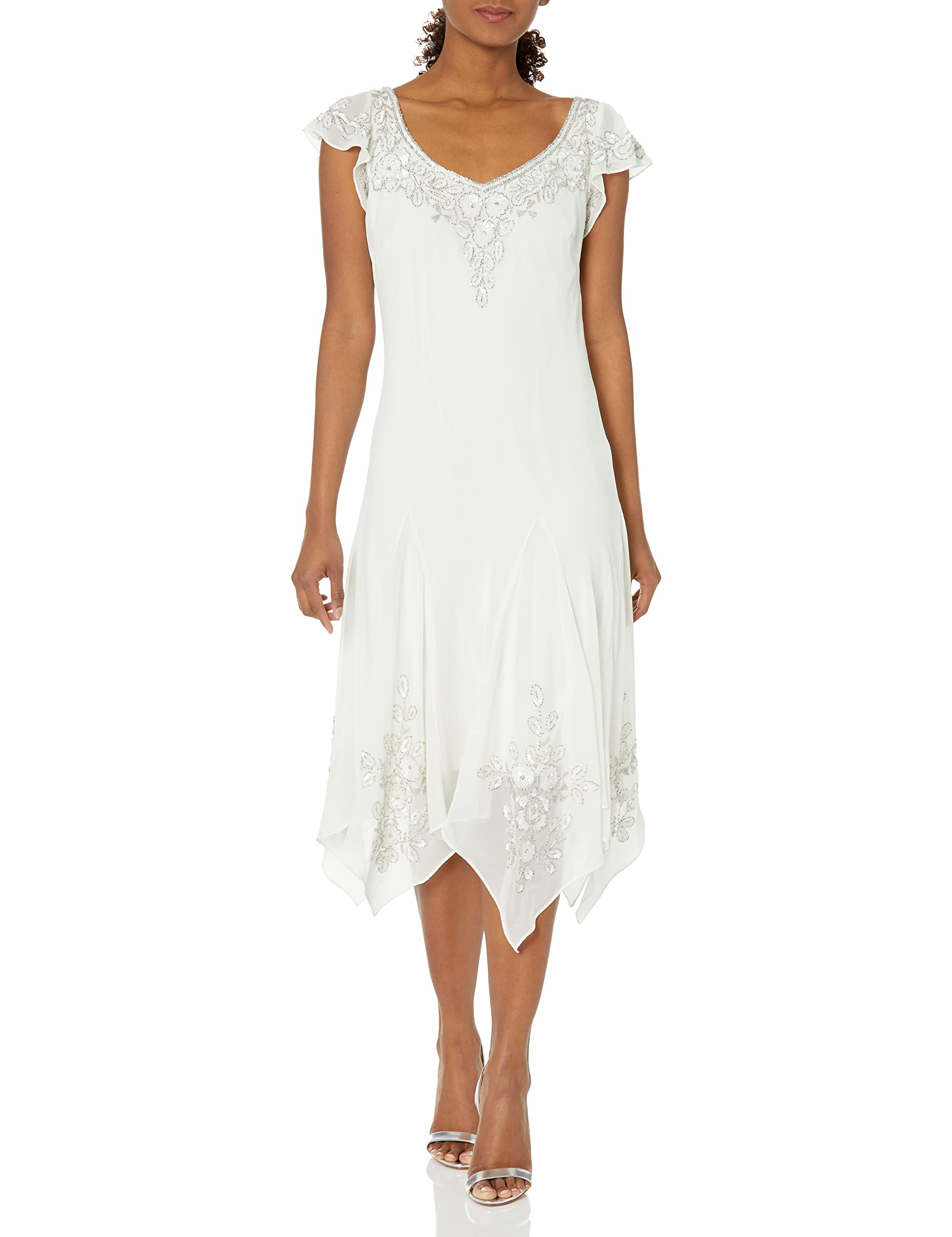 J Kara Women's Plus Size Petite Flutter Sleeve Hanky Hem Short Cocktail Beaded Dress - Elegant Party Wear for Weddings, Evening Events & Special Occasions