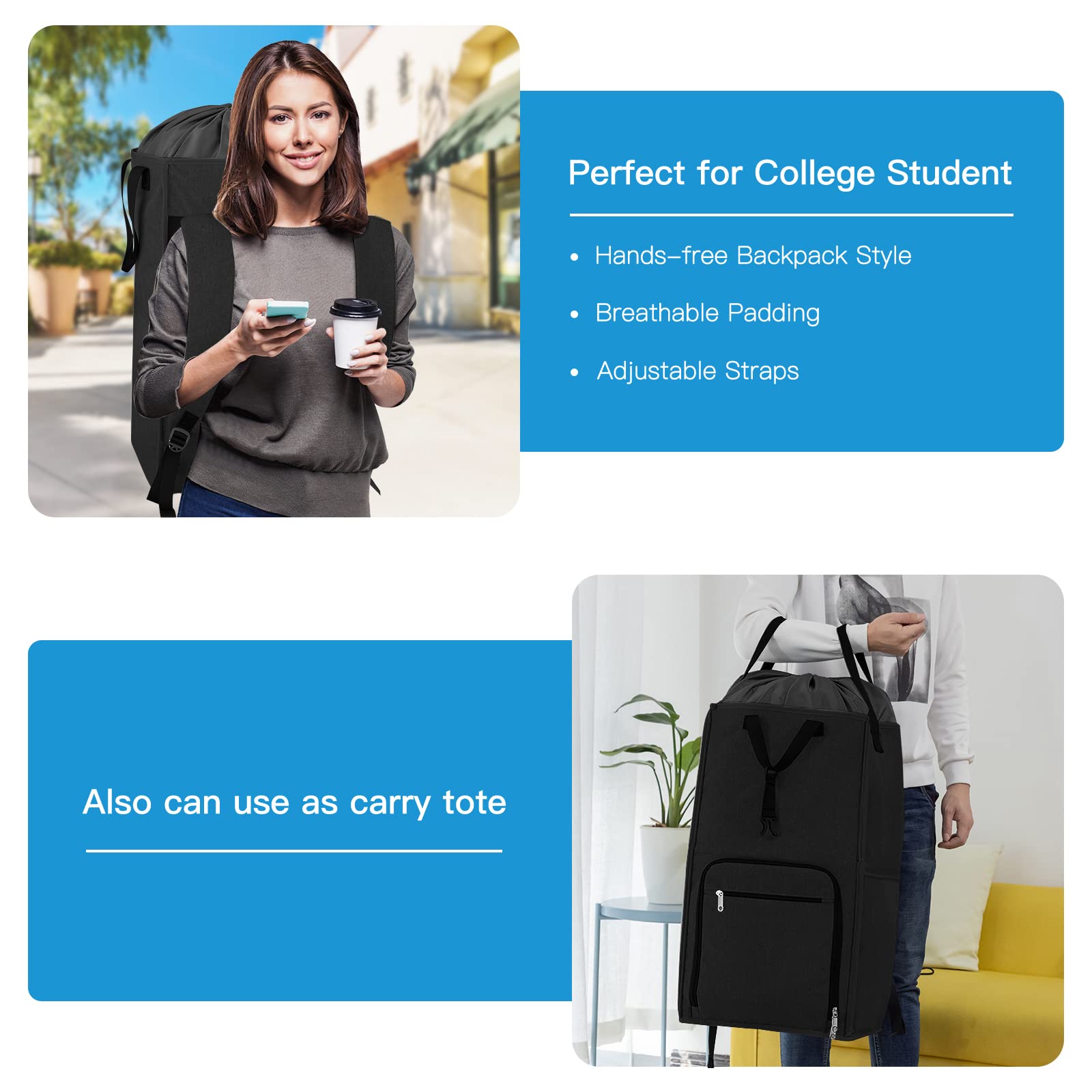 Bukere Extra Large 2-in-1 Laundry Backpack & Hamper Basket - Adjustable Shoulder Straps, Freestanding Design for Dorm, Apartment & Travel | College Student Essentials for Laundry Room, Laundromat & Camping Trips