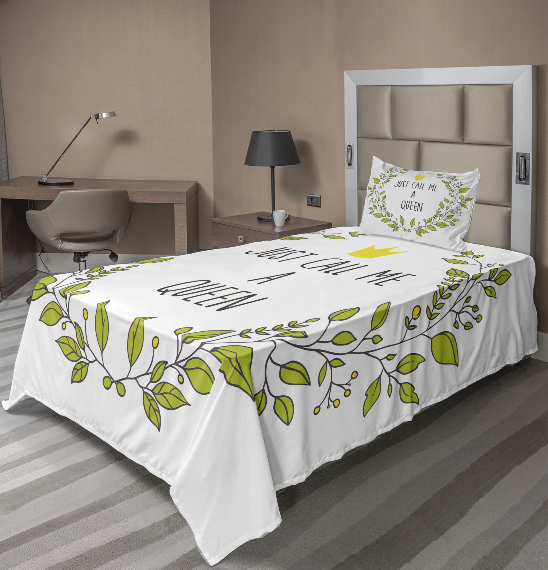 Ambesonne Queen Sheet Set - Wreath Branches with 'Just Call Me Queen' Lettering & Little Crown Design, 3-Piece Bedding Set (Fitted Sheet, Flat Sheet, Pillowcase) in Grey Apple Green - Perfect for Royal-Themed Bedrooms, Guest Rooms & Queen-Size Beds