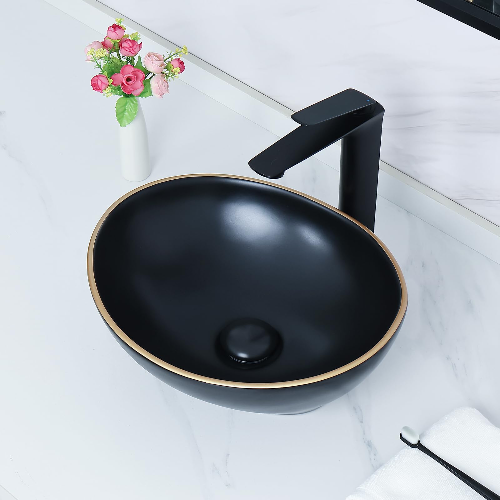 Matte Black Oval Vessel Sink with Gold Trim for Bathroom Countertop - Ceramic Above Counter Sink for Modern Bathrooms