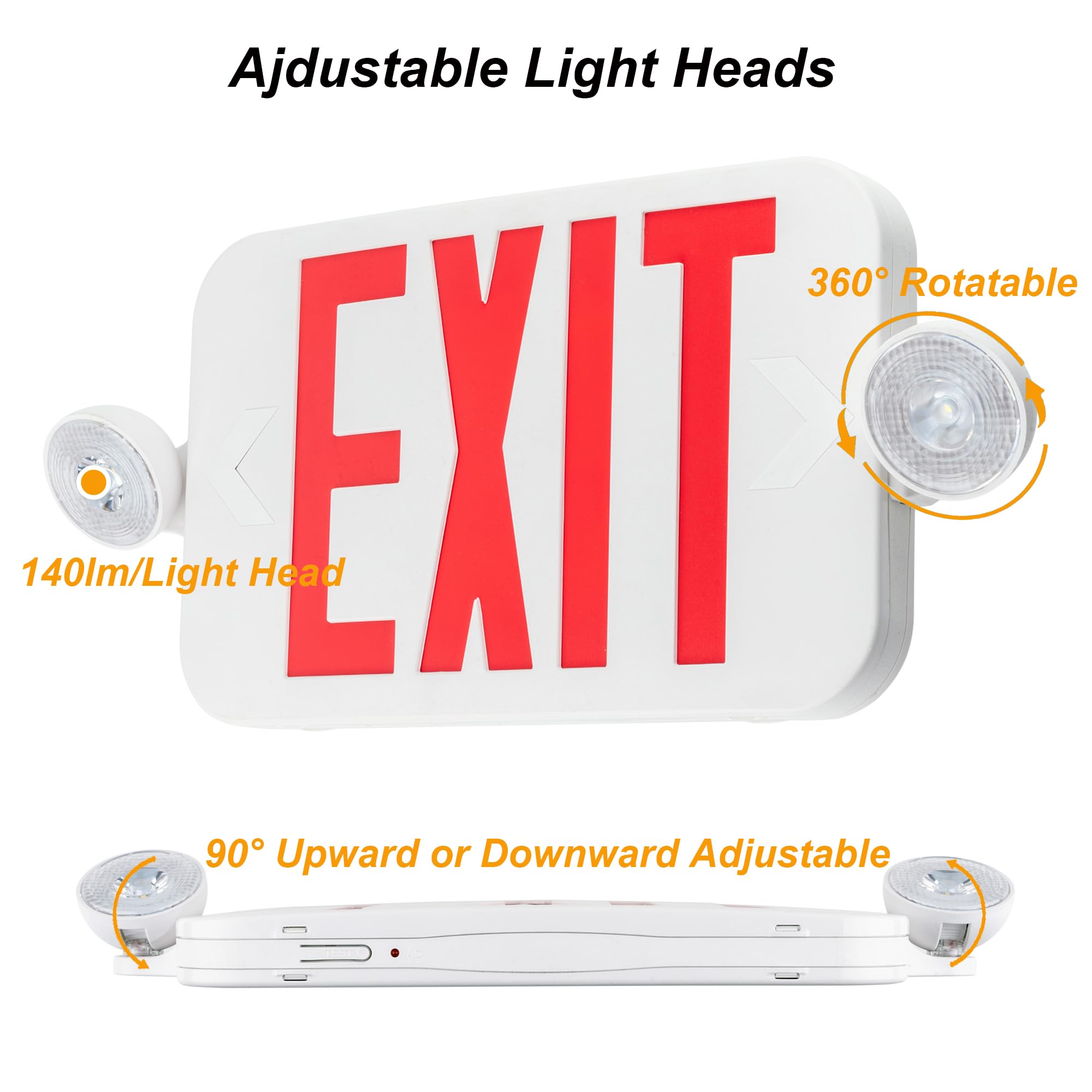 LIT-PaTH LED Combo EXIT Sign with 2 Adjustable Head Lights & Double Face - UL 924 Certified Emergency Exit Lighting with Backup Batteries (120-277V, 4-Pack) - Ideal for Commercial Buildings, Warehouses, and Public Safety Areas