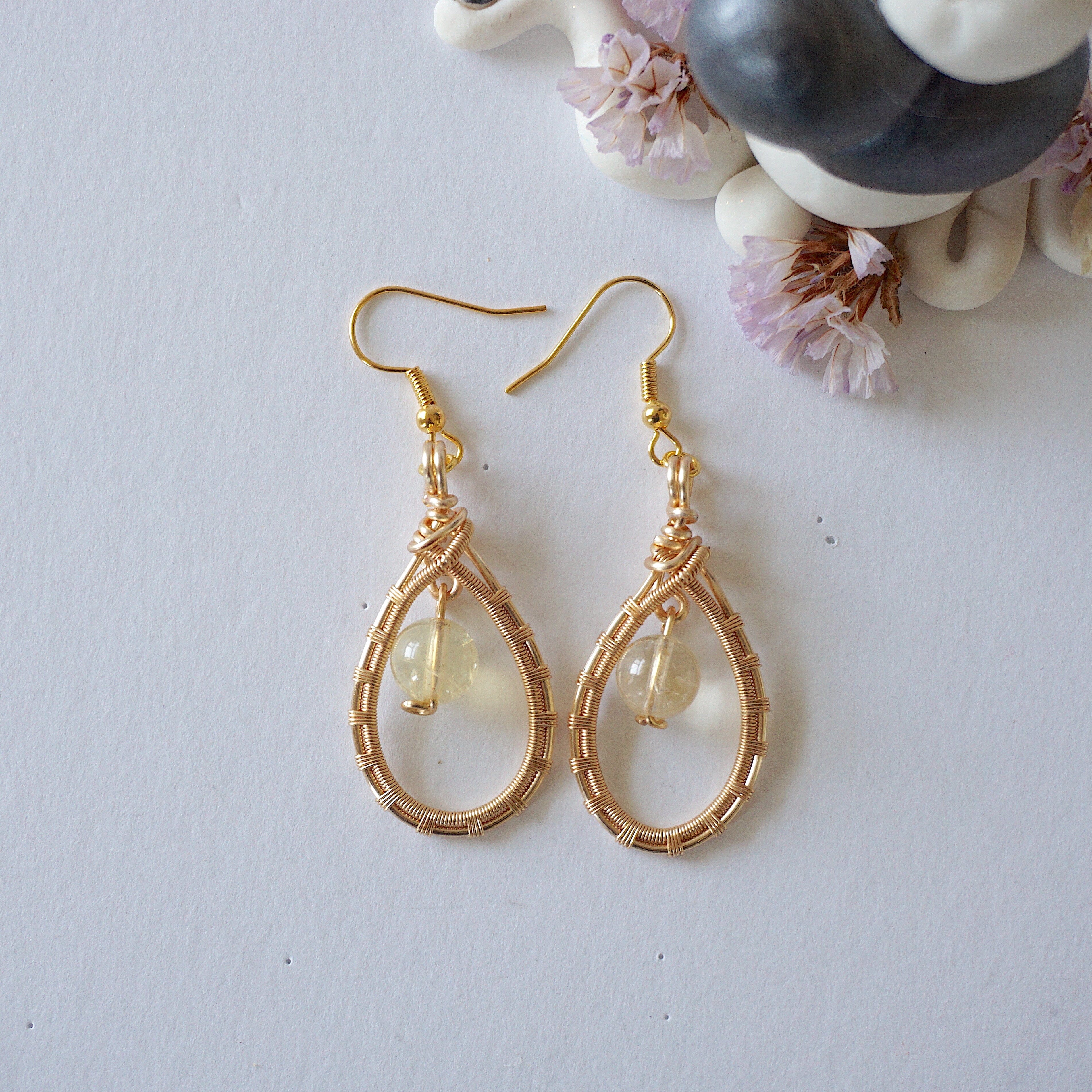 Citrine Round Wire Earrings - Gold Plated Dangle Earrings for Women | Elegant Jewelry Gift for Birthday, Anniversary & Party | Boho Chic & Everyday Wear