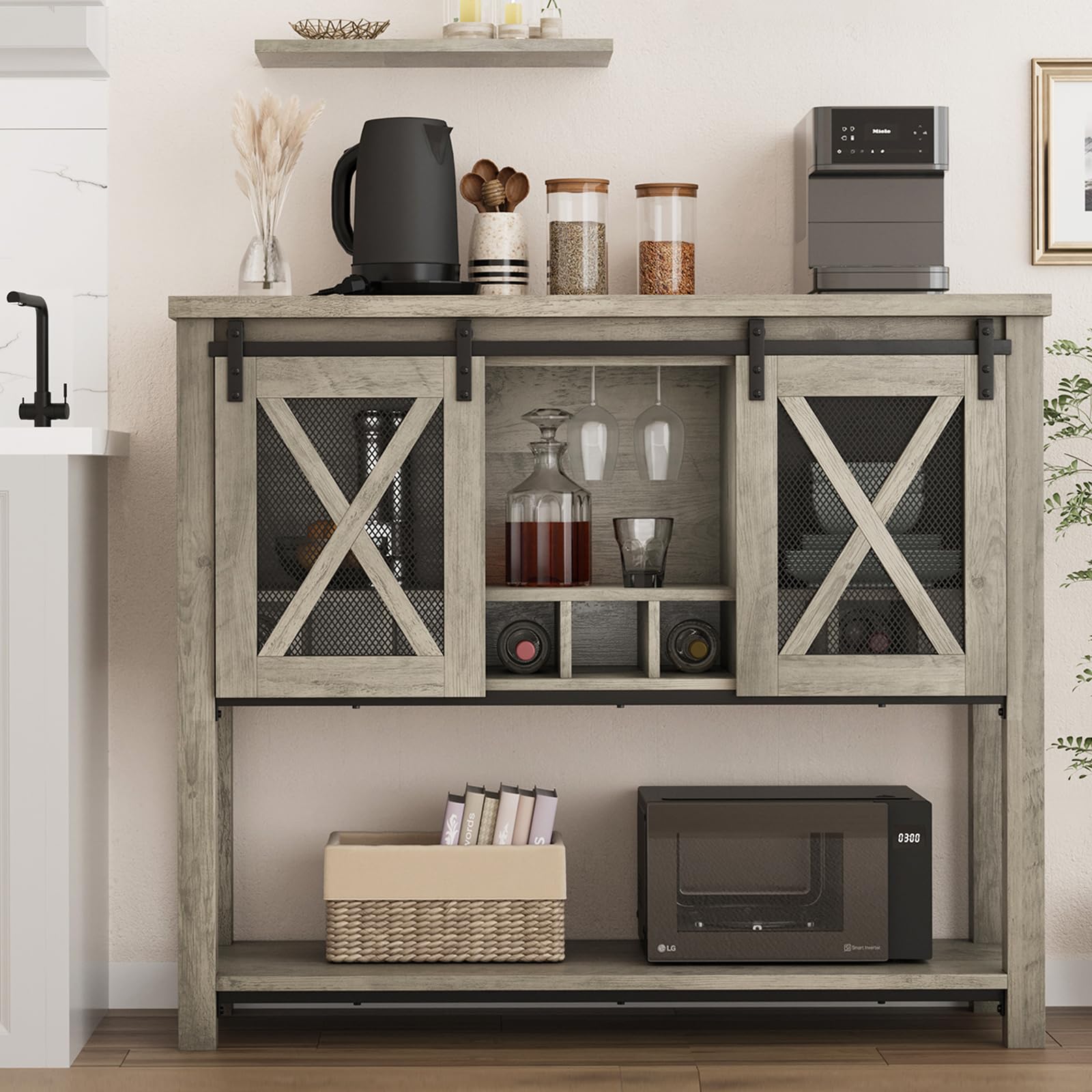 IDEALHOUSE Farmhouse Coffee Bar Cabinet with Wine Glass Rack & Storage - Sideboard Buffet for Kitchen, Dining & Living Room - Perfect for Entertaining & Home Bar Setup (Grey)
