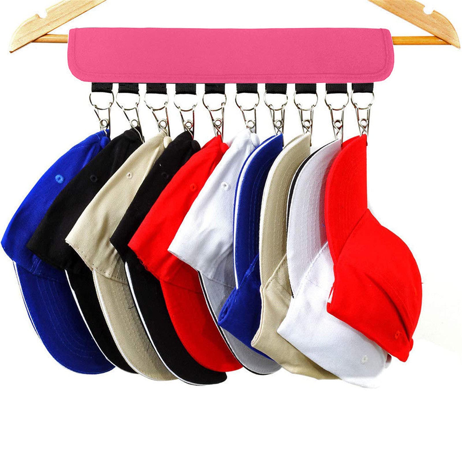 2PCS Foldable Baseball Cap Hanger with 10 Stainless Steel Clips - Portable Hat Rack Storage Organizer for Caps, Socks & Clothes (Hot Pink) - Perfect for Closet, Bedroom & Dorm Organization