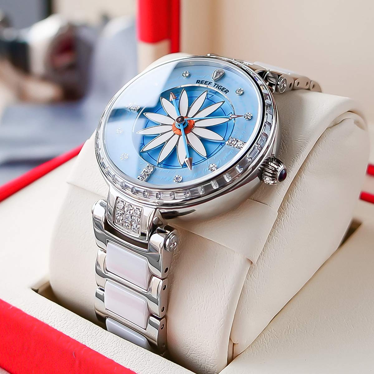 REEF TIGER RGA1599 Women's Luxury Automatic Watch with Diamond Bezel - Elegant Lily Design for Business, Party & Everyday Wear