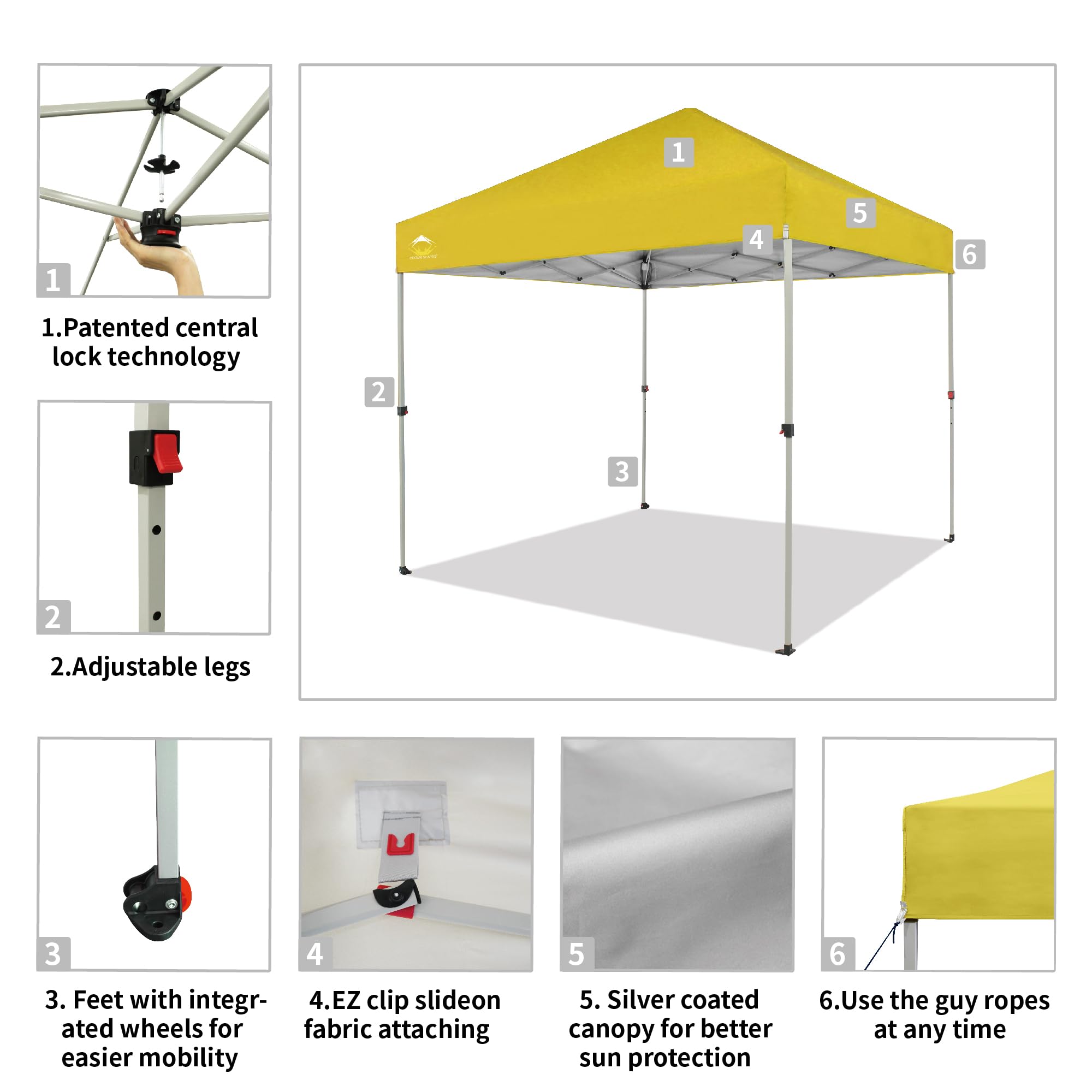 CROWN SHADES 8x8 Pop Up Canopy Tent - Instant Beach Sun Shelter with One Push Setup - Portable Outdoor Shade for Camping, Picnics, Backyard Parties & Tailgating - Includes STO-N-Go Carry Bag & Silver-Coated UV Protection Top (Yellow) - Perfect for Beach Days, Outdoor Events and Family Gatherings