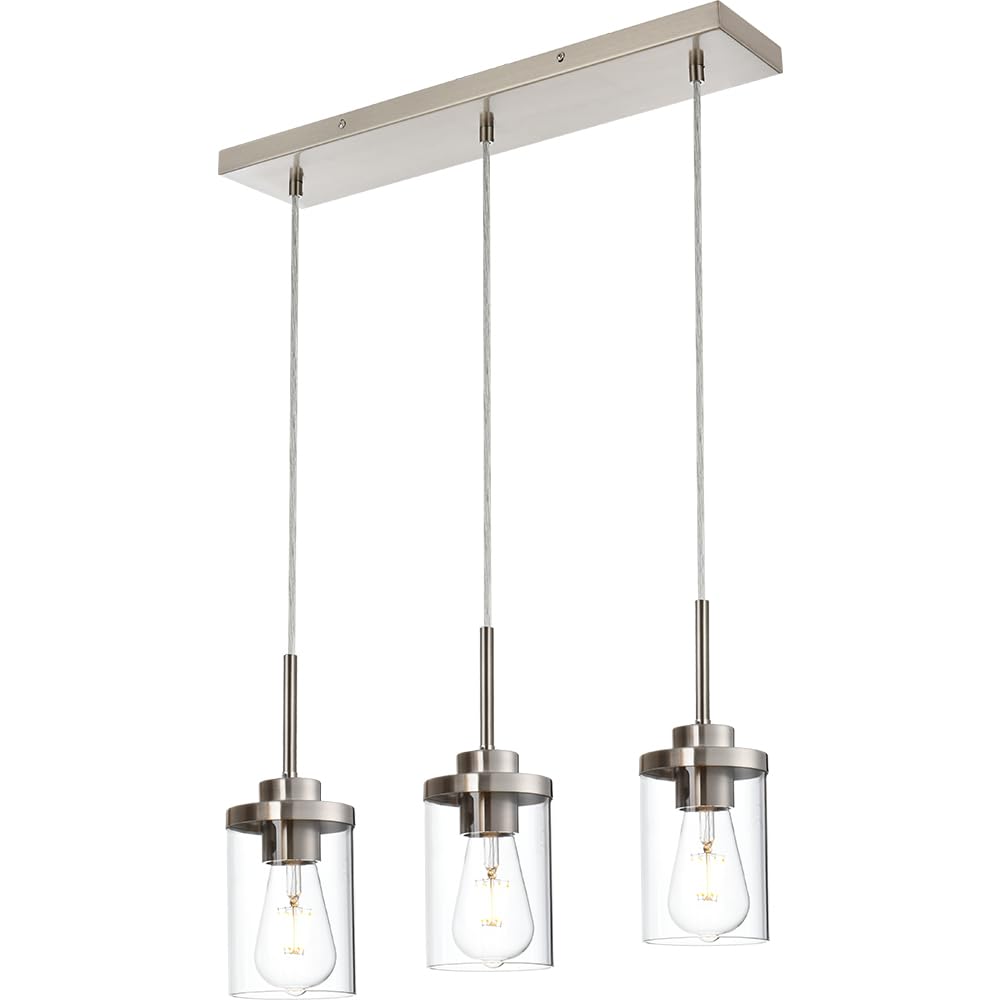 Brushed Nickel 3-Light Pendant Lighting Fixture with Clear Glass Shade - Modern Hanging Lights for Kitchen Island, Dining Room, Bar Counter & Breakfast Nook