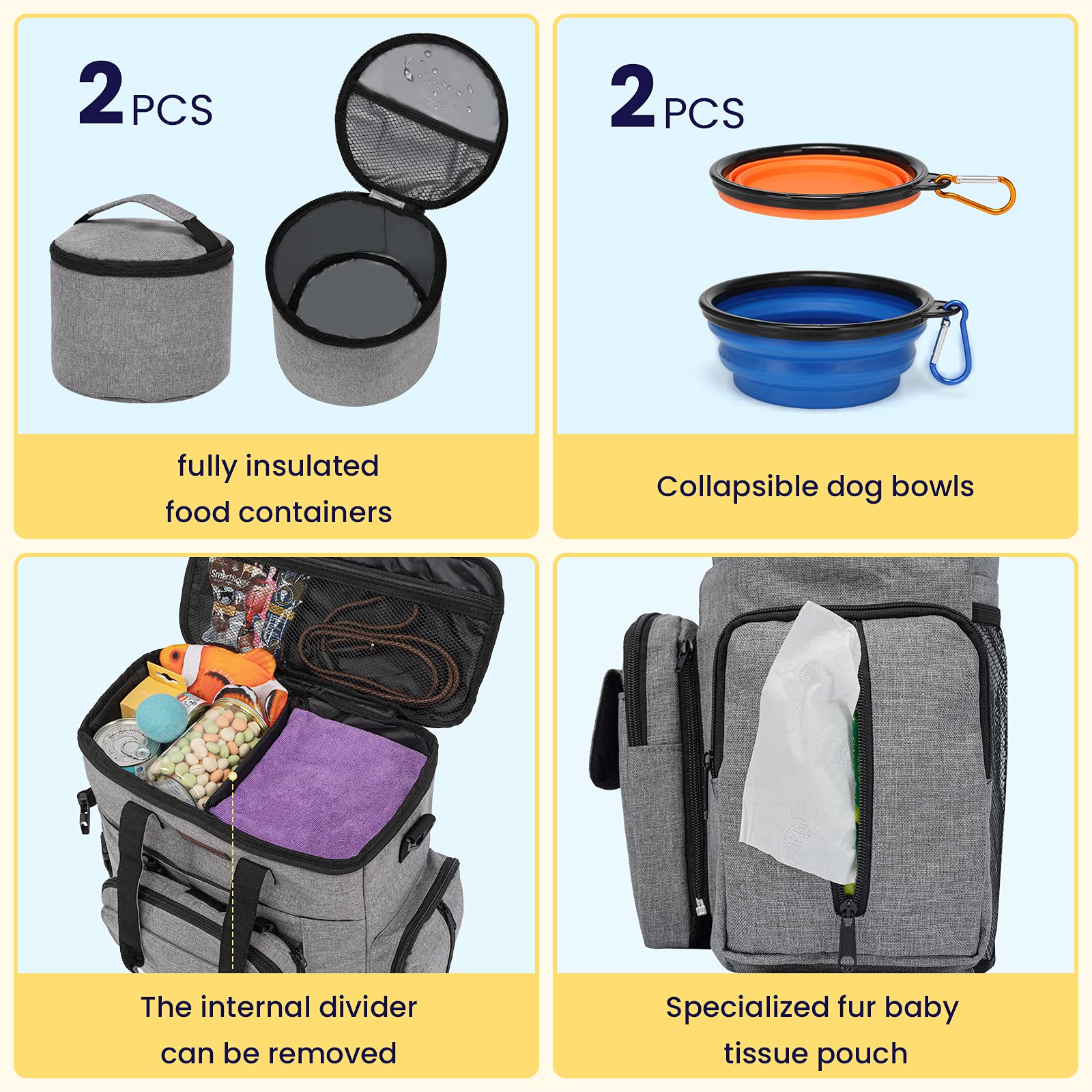 Modoker Airline Approved Dog Travel Organizer Bag with 2 Collapsible Bowls & Food Containers - Pet Carrier for Supplies & Accessories - Perfect for Air Travel, Road Trips & Outdoor Adventures