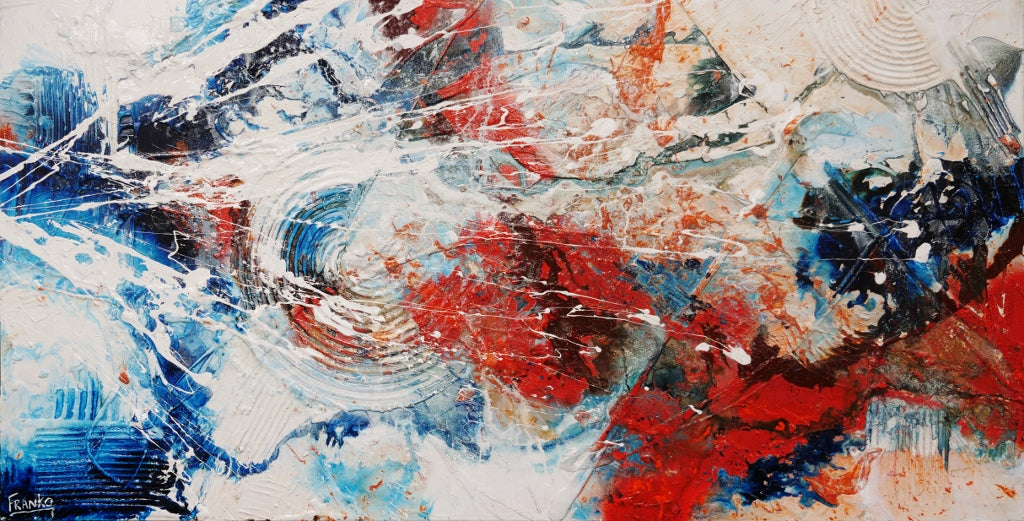 190cm x 100cm White Orange Blue Textured Abstract Canvas Painting for Overlanding - Modern Wall Art for RV, Camper Van & Adventure Vehicle Decor