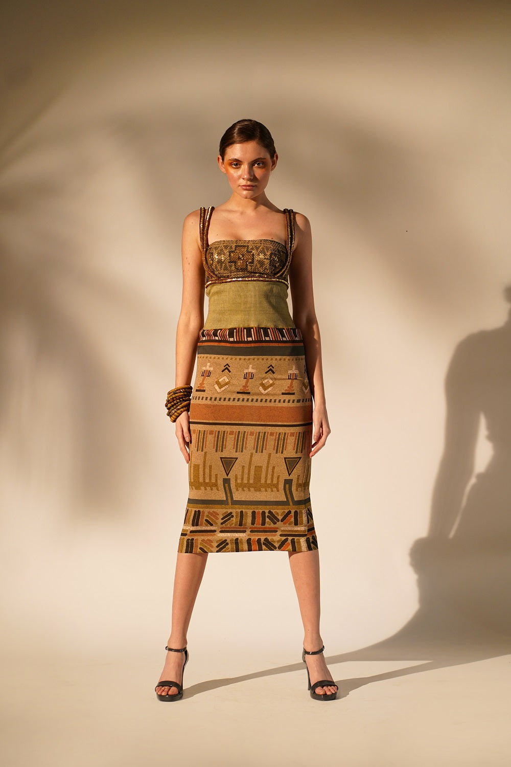Stylish Green Aztec Print Rib Dress with Hand Thread & Wooden Embellishments - Perfect for Boho Chic Outfits, Festivals, and Summer Parties