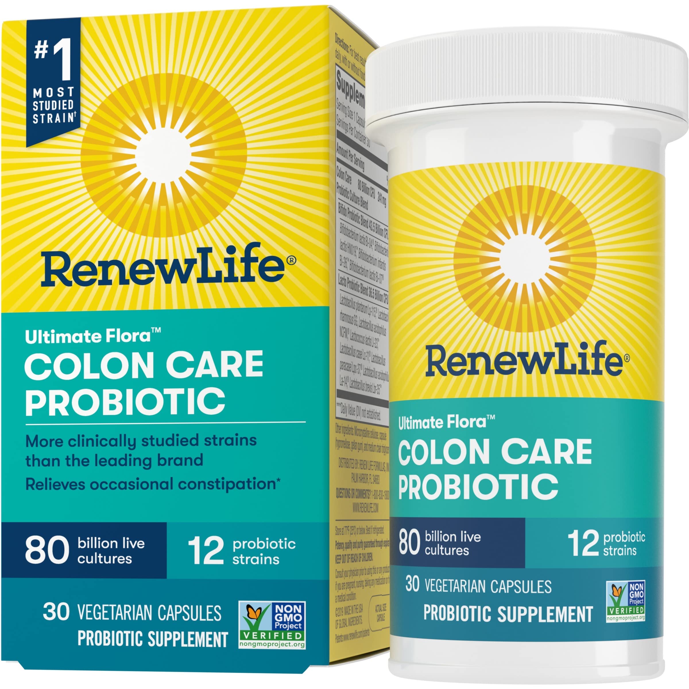 Renew Life Ultimate Flora Colon Care Probiotic Supplement for Adults - 80 Billion CFU, 30 Vegetarian Capsules - Shelf Stable, Gluten Free, Dairy Free & Soy Free - Supports Digestive Health & Gut Balance - Perfect for Travel, Daily Wellness & Post-Antibiotic Recovery