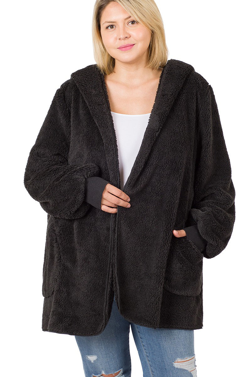 Plus Size Ultra Soft Faux Fur Hooded Sweater with Pockets - Cozy Winter Wear for Women, Warm Oversized Pullover for Cold Weather, Lounge & Outdoor Activities