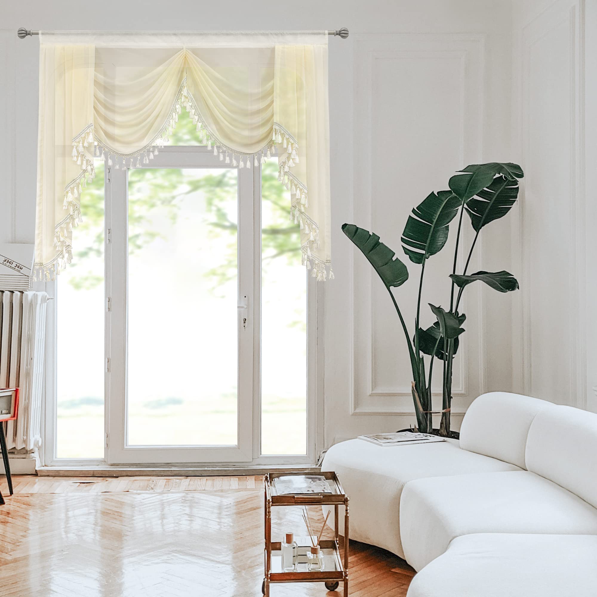 Sheer Waterfall Window Valance Curtains - Elegant Tassel Swag Topper for Kitchen & Living Room, Rod Pocket Design, 59 Inches Wide, Off-White - Perfect for Bay Windows, French Doors & Home Decor