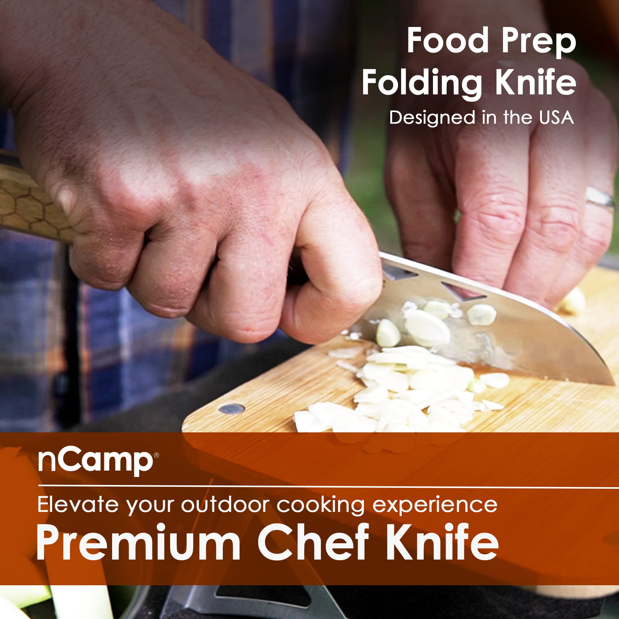 Premium nCamp Folding Chef Knife - 9CR18MOV Steel Blade with Wood Handle for Secure Grip | Western Utility & Outdoor Cooking Knife for Camping, Hiking & Kitchen Use