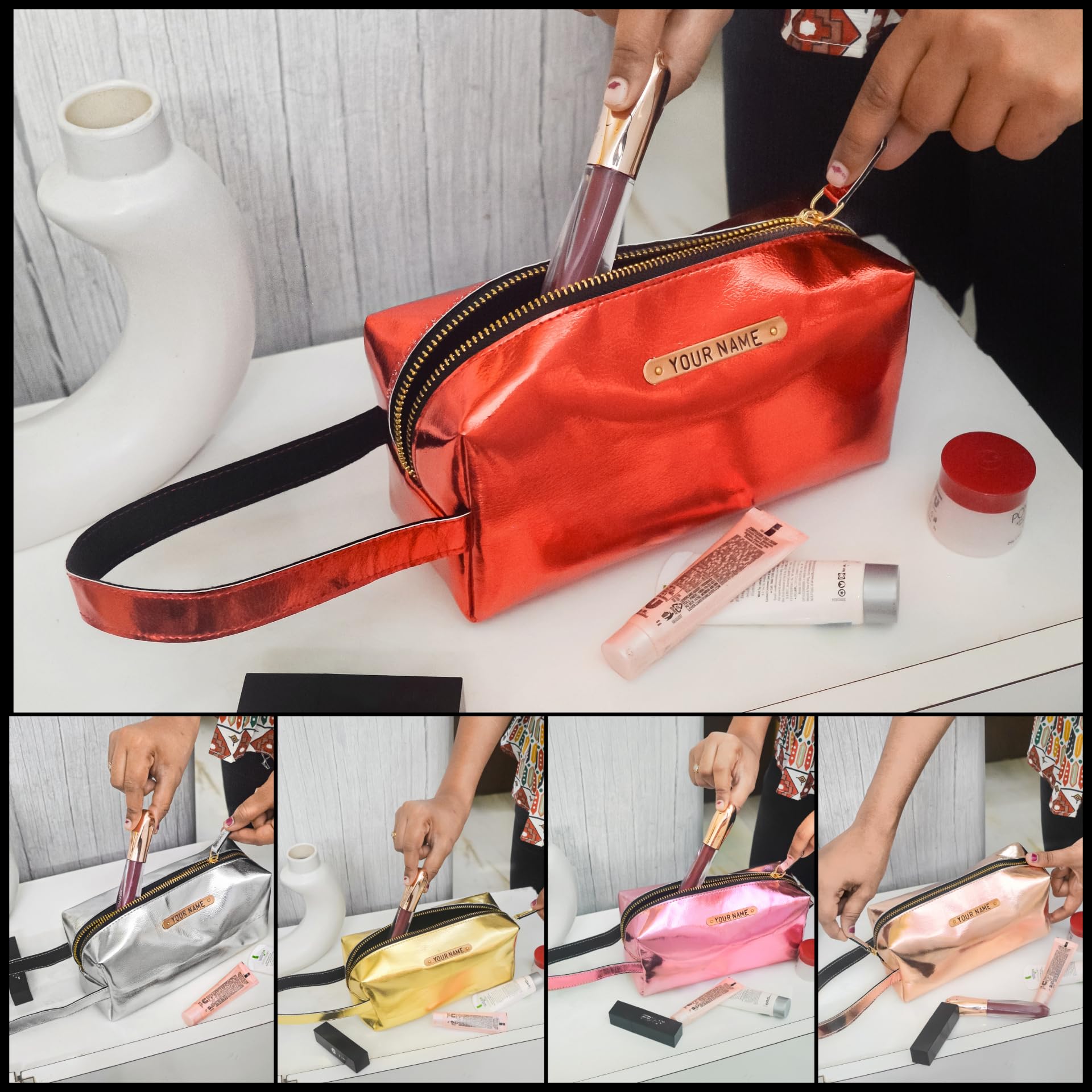 Personalized Metallic Glossy Makeup Pouch with Name - Large Cosmetic Organizer Bag for Travel, Toiletry & Vanity Storage | Waterproof Makeup Case for Women & Girls | Gold Shiny Makeup Bag for Cosmetics, Brushes & Beauty Accessories - Perfect for Travel, Gym & Daily Use
