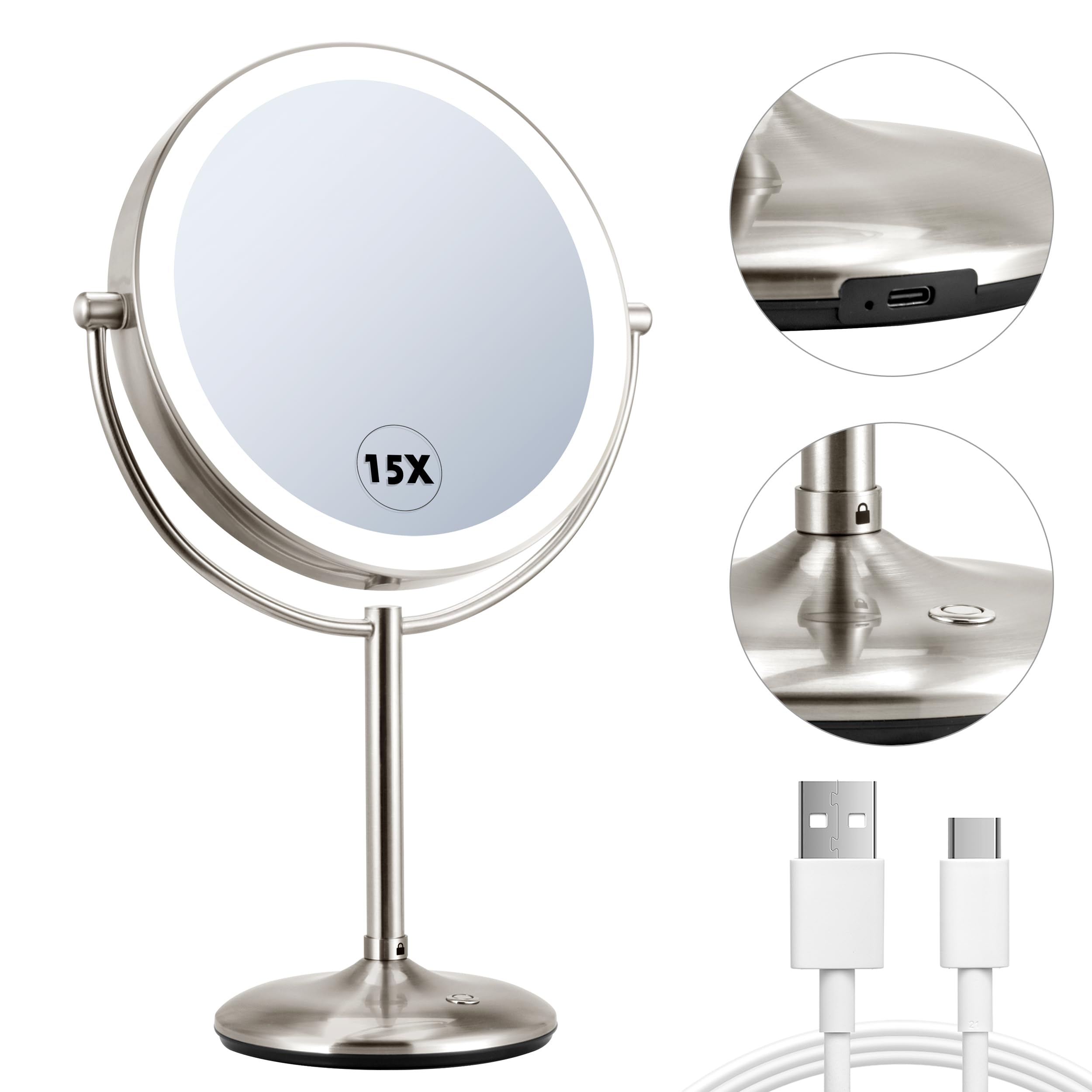 15X Magnifying Mirror with Light - 9 Inch LED Vanity Mirror with 360° Rotation & Touch Screen, Rechargeable Double-Sided Makeup Mirror in Brushed Nickel - Perfect for Makeup Application, Skincare Routine & Eyebrow Grooming