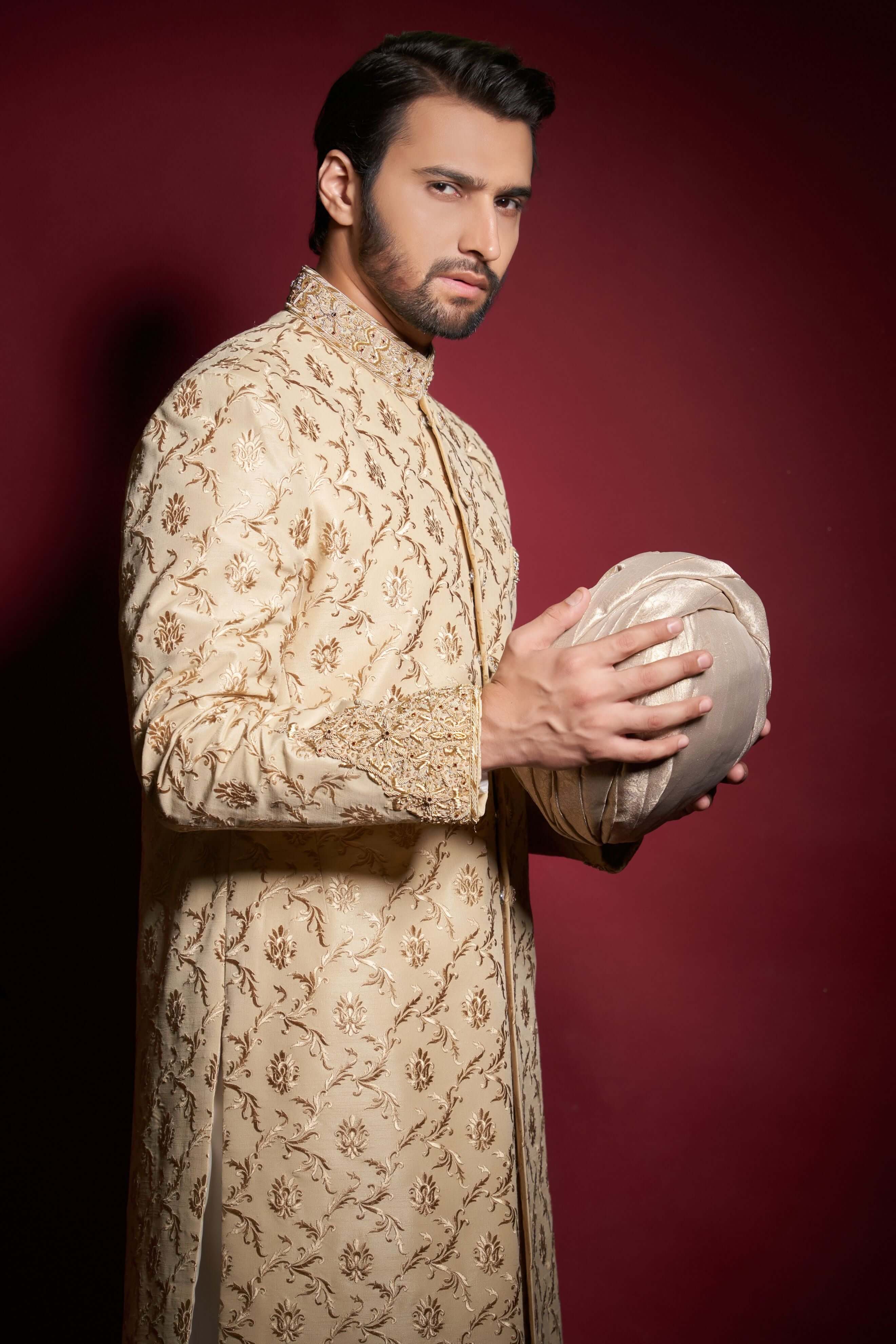 Elegant Light Gold Embroidered Sherwani Set for Men | Traditional Indian Wedding Attire | Perfect for Grooms, Festivals & Special Occasions