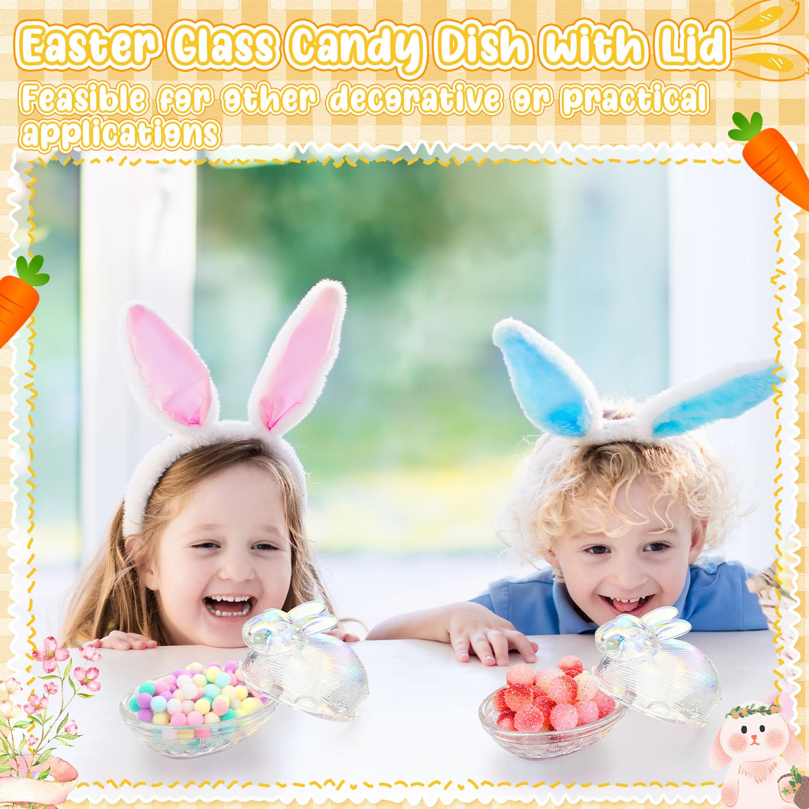Domensi 2-Piece Easter Glass Candy Dish Set with Lid - Bunny Jar Candy Bowl for Holiday, Office, Home & Kitchen - Perfect for Easter Decor, Party Serving & Gift Giving (Iridescent)