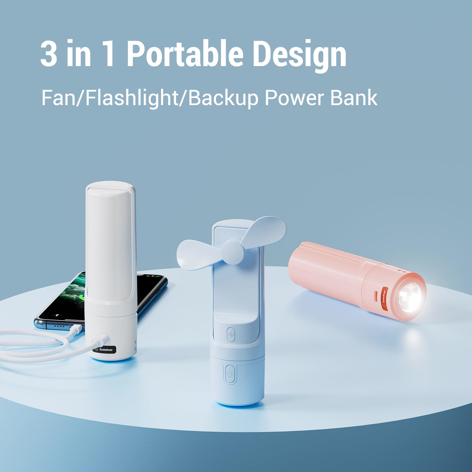 Airluxe Mini 3-in-1 Portable Fan with Power Bank & Flashlight - Rechargeable Handheld Fan 35H Battery Life, Fast Charging - Perfect for Travel, Camping, Outdoor Activities & Summer Cooling (Blue)