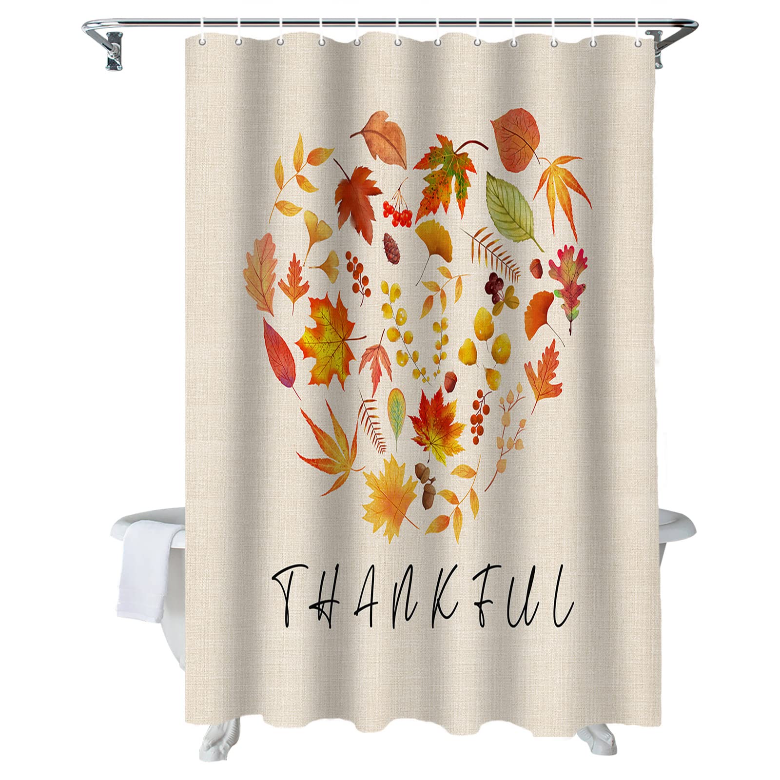 Fall Thanksgiving Shower Curtain 60x72 Inches - Waterproof Maple Leaf Bath Curtain with Pine Cones & Berry Love Heart Design - Polyester Fabric Bathroom Decor Set with Hooks - Perfect for Autumn, Thanksgiving & Holiday Bathroom Decorations