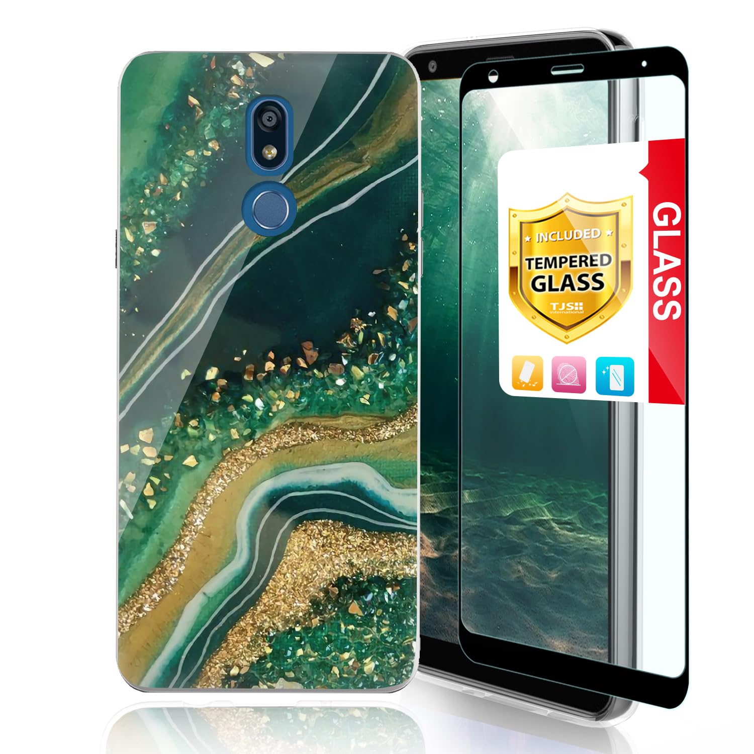 Premium Shockproof Phone Case for LG K40/K12 Plus/X4/Solo LTE/Harmony 3/Xpression Plus 2 - Matte Marble Design with Tempered Glass Screen Protector (Gold/Green) - Perfect for Everyday Protection & Style