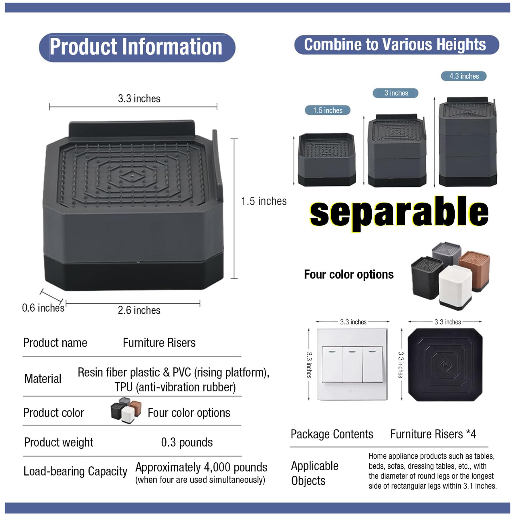 Heavy-Duty Adjustable Bed Risers & Furniture Risers - 3