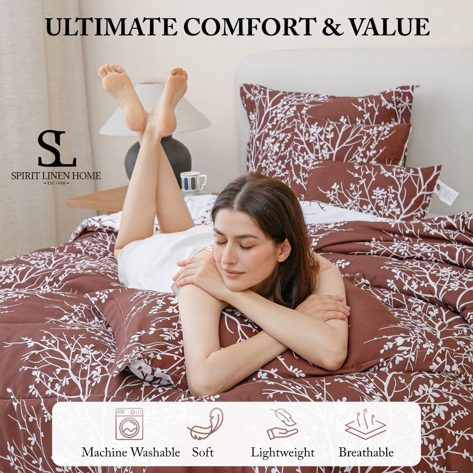 Spirit Linen 6-Piece Queen Comforter Set - Ultra Soft Microfiber Bedding with Elegant Foliage Design - Includes Comforter & Pillow Shams (Taupe, Queen Size) - Perfect for Master Bedroom, Guest Room & Cozy Winter Nights