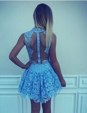 Elegant High Neck Blue Lace Illusion Short Homecoming Dress - Perfect for Prom, Party & Special Occasions | Style CM563