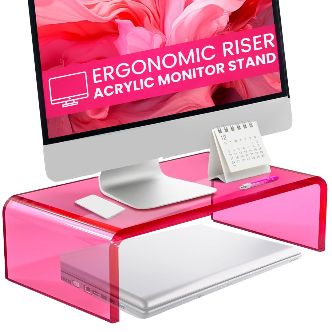 NovaMode Acrylic Monitor Stand - Ergonomic Laptop & Computer Riser for Better Posture, Modern Desk Organizer with Storage Space - Bright Pink - Perfect for Home Office, Gaming Setup & Workspace Organization