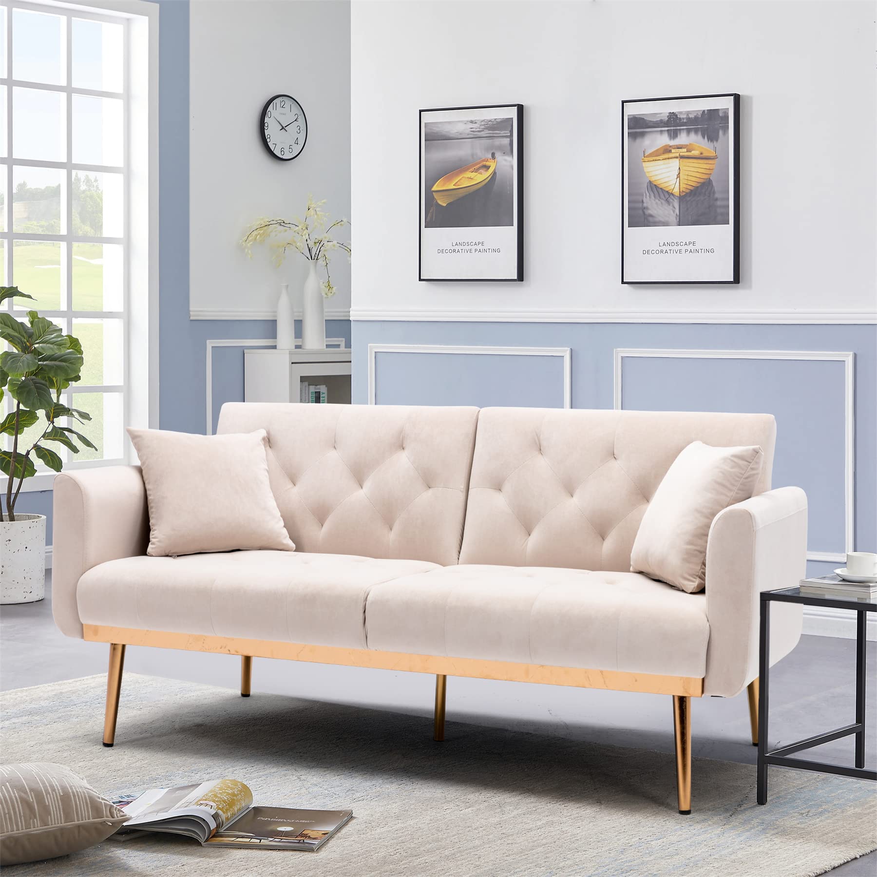 Mid Century Modern Sofa Bed - 63 Inch Velvet Loveseat with Gold Metal Legs, Convertible Sleeper for Small Spaces (Beige) | Perfect for Apartments, Dorms & Guest Rooms