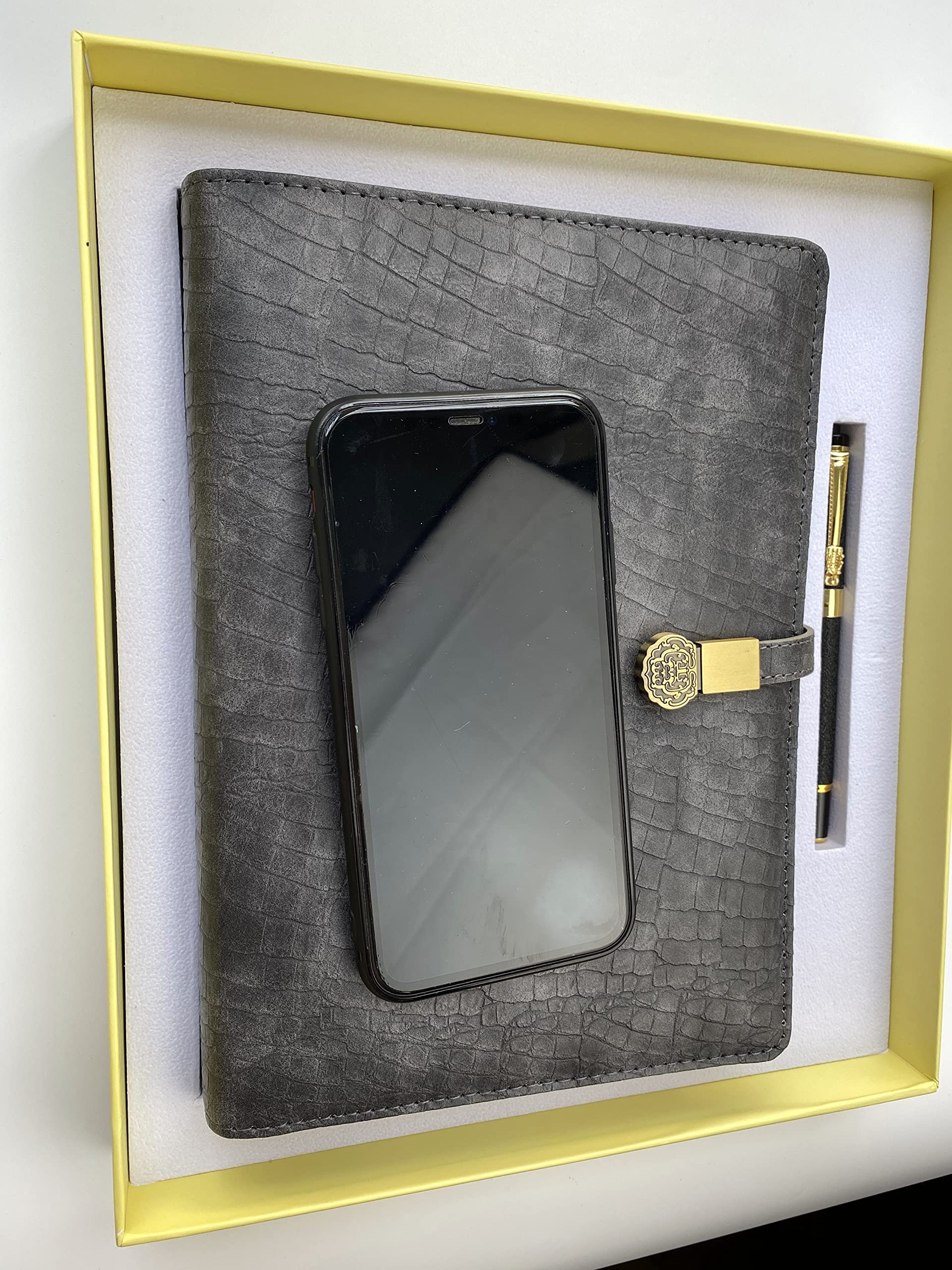 Premium Executive Smart Notebook with Qi Wireless Charger & 16GB USB Drive - Luxury Crocodile Texture Business Travel Gift for Professionals (Grey) - Perfect for Meetings, Presentations & On-the-Go Productivity