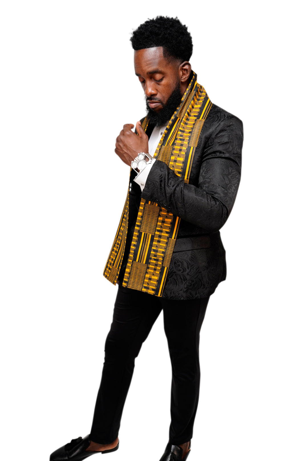 Dupsie's Nansa Black and Gold African Print Kente Sash DP4091S - Traditional African Waist Wrap for Weddings, Cultural Events & Fashion Accessories