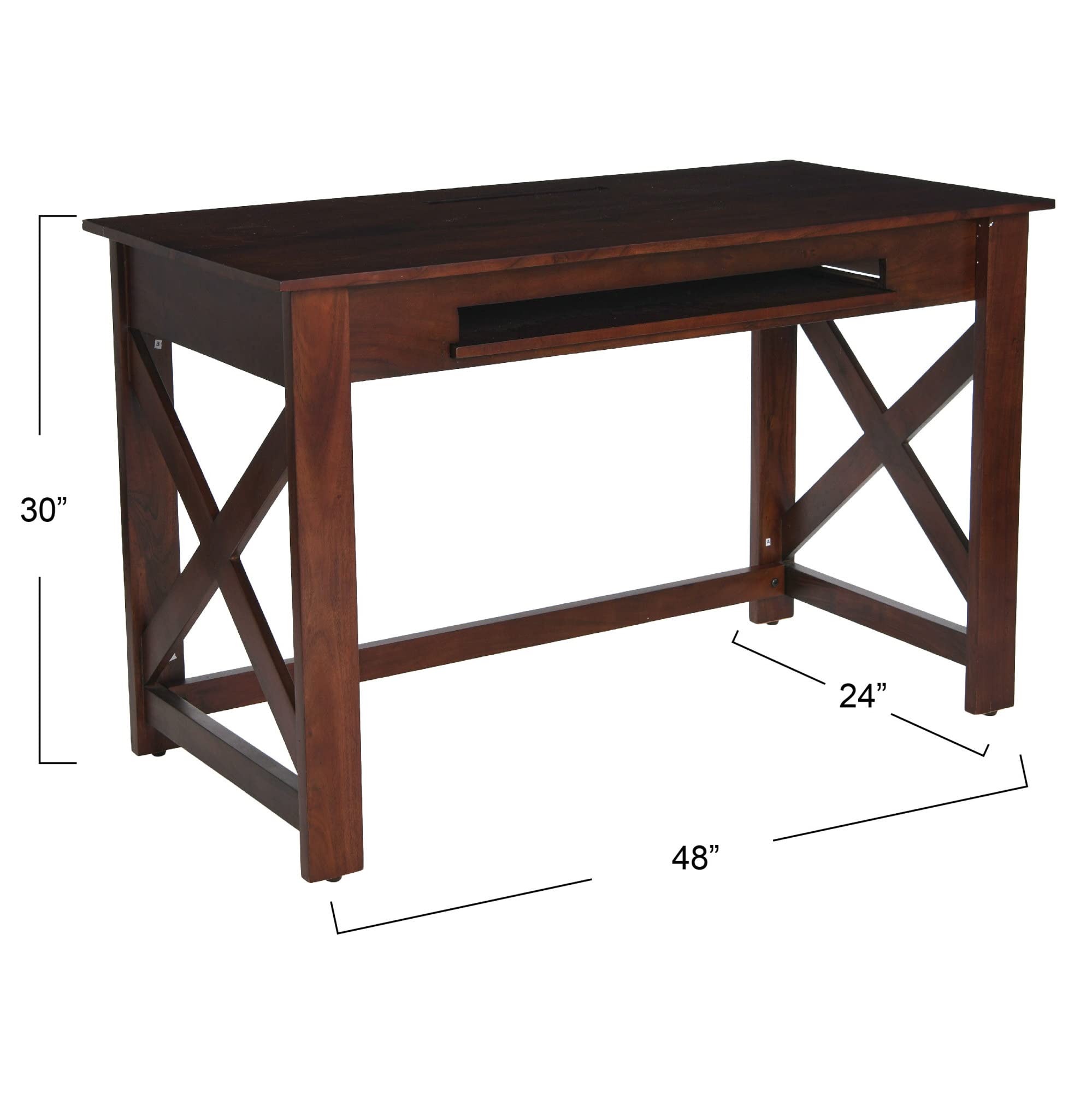 Rustic Mango Wood Keyboard Tray Shelf with X-Frame Design - Dark Chestnut Home Office Desk Organizer for Computer Workstation & Writing Space