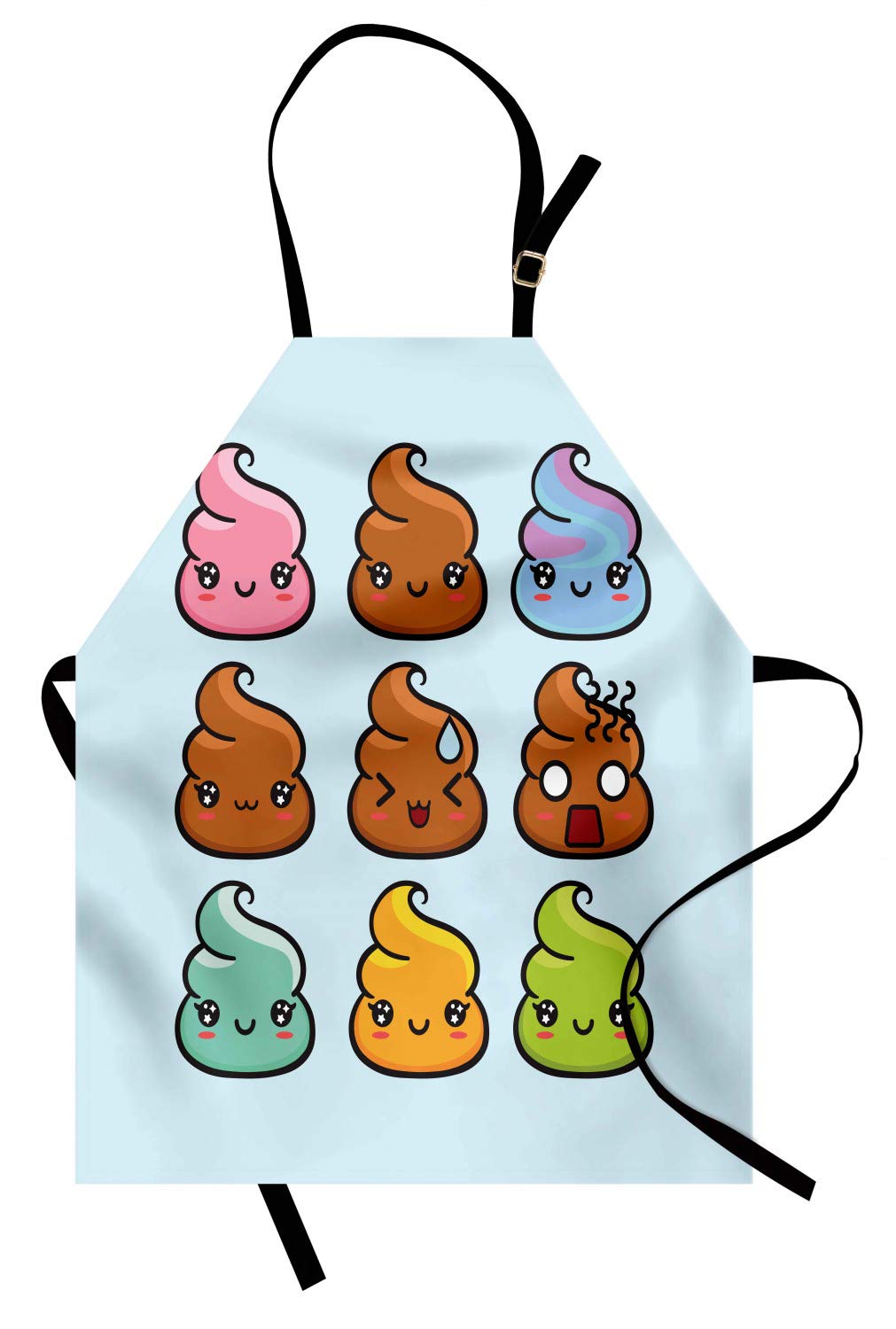 Ambesonne Funny Poop Emoticon Apron - Cute Cartoon Design with Colorful Print - Adjustable Unisex Kitchen Bib for Cooking, Baking & Gardening - Adult Size in Pale Blue & Multicolor - Perfect for BBQ Parties, Holiday Cooking & Home Kitchen Use