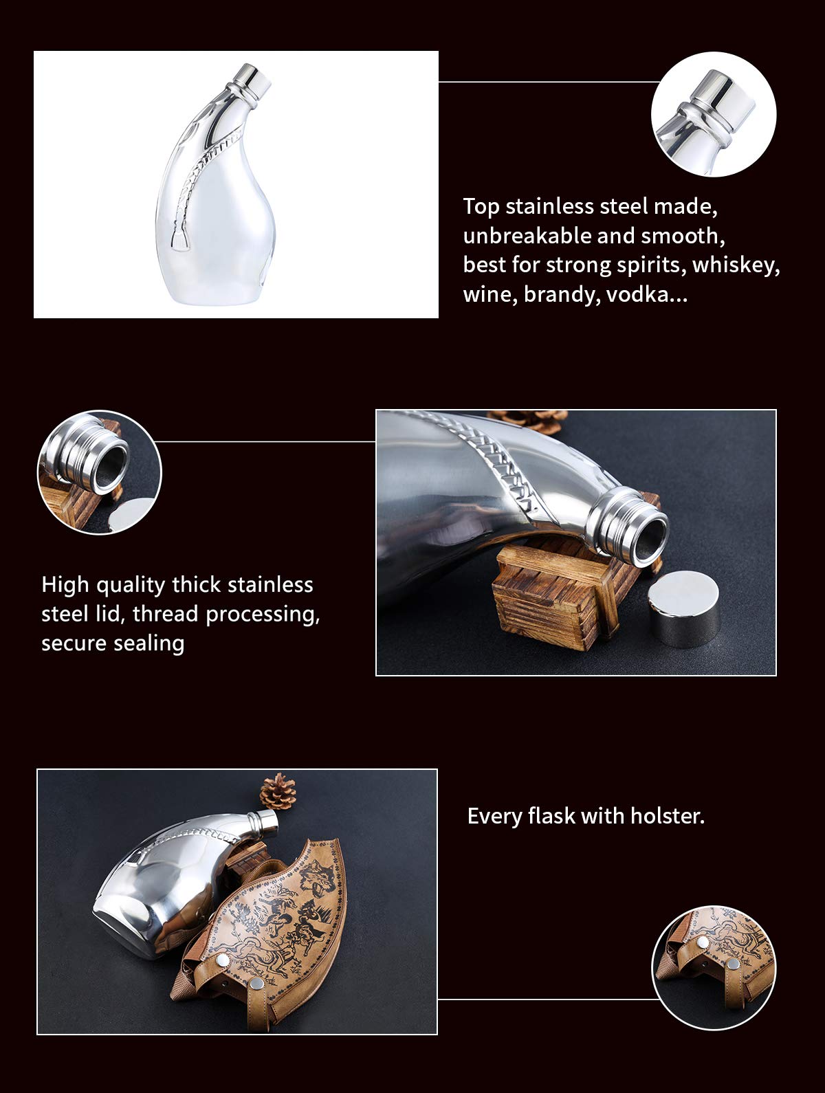 Premium 53oz Bear Pattern Horn-Shaped Whiskey Flask with Removable Leather Holster - Large Capacity Liquor Container for Outdoor Adventures, Camping & Gifts