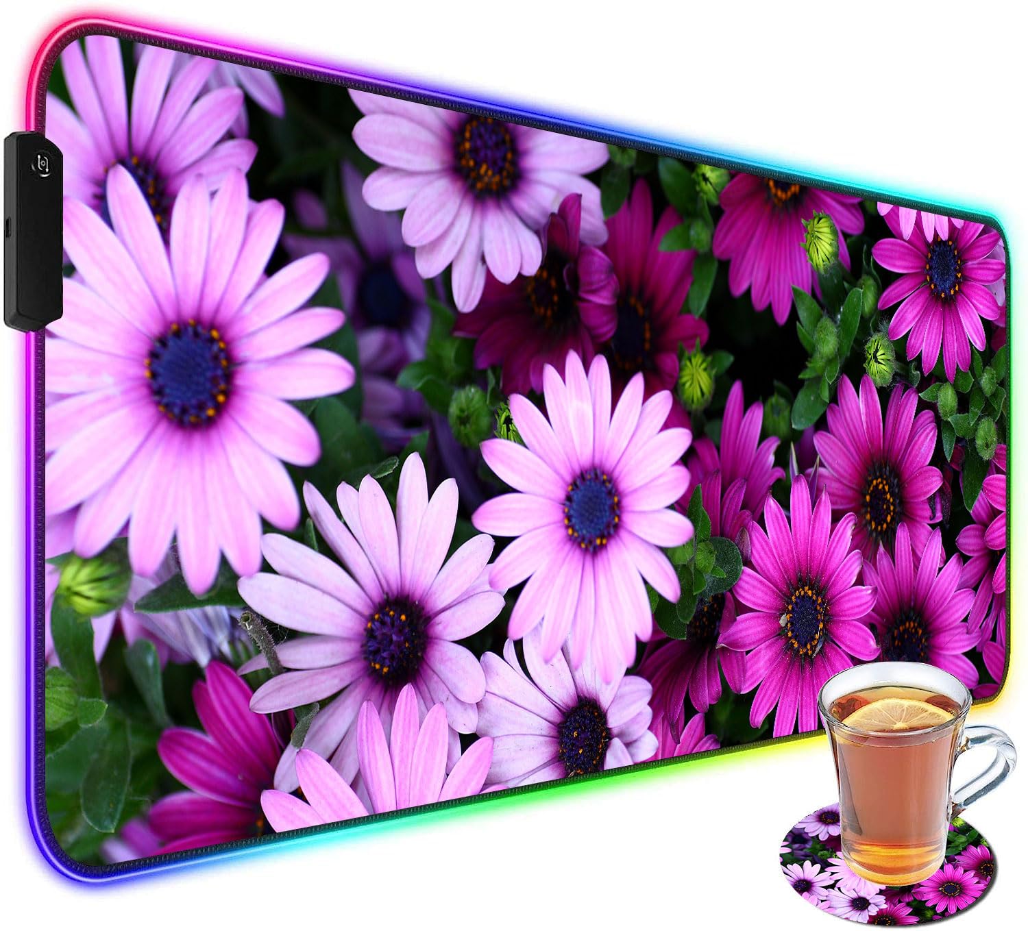 Custom RGB Gaming Mouse Pad & LED Coffee Coaster - 31.4x11.8 Inch Large Glowing Anti-Slip Desk Mat with Rubber Base for Computer Keyboard - African Daisy Design - Perfect for Gaming Setups & Office Workstations