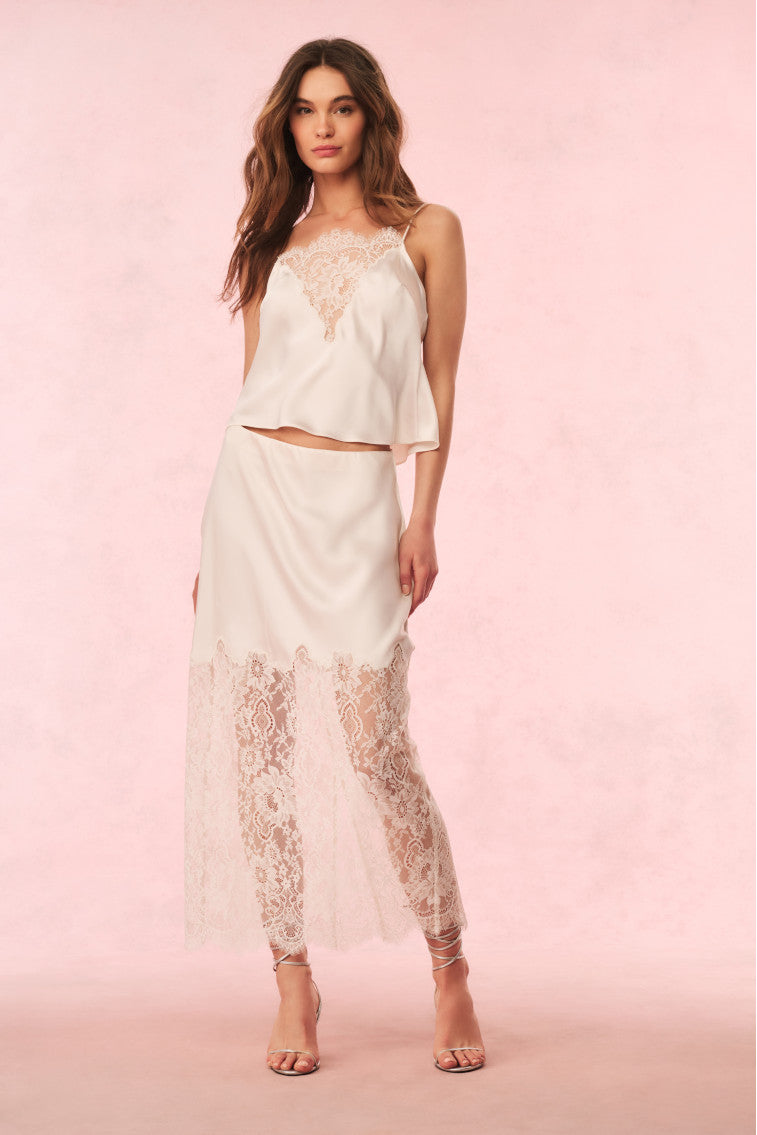 Elegant Ilene Satin Lace Maxi Skirt for Women - Flowy Long Evening Dress with High Waist - Perfect for Weddings, Parties & Special Occasions