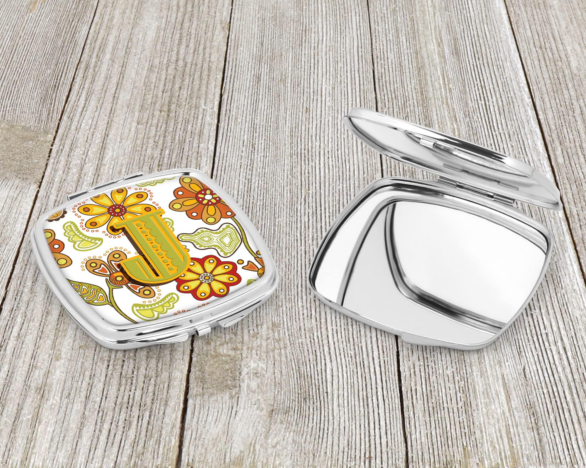 Caroline's Treasures Floral Letter J Compact Mirror - Mustard & Green Travel Makeup Mirror for Women & Girls | Portable Folding Handheld Cosmetic Mirror | Perfect Gift for Birthdays, Travel & Purse Accessory