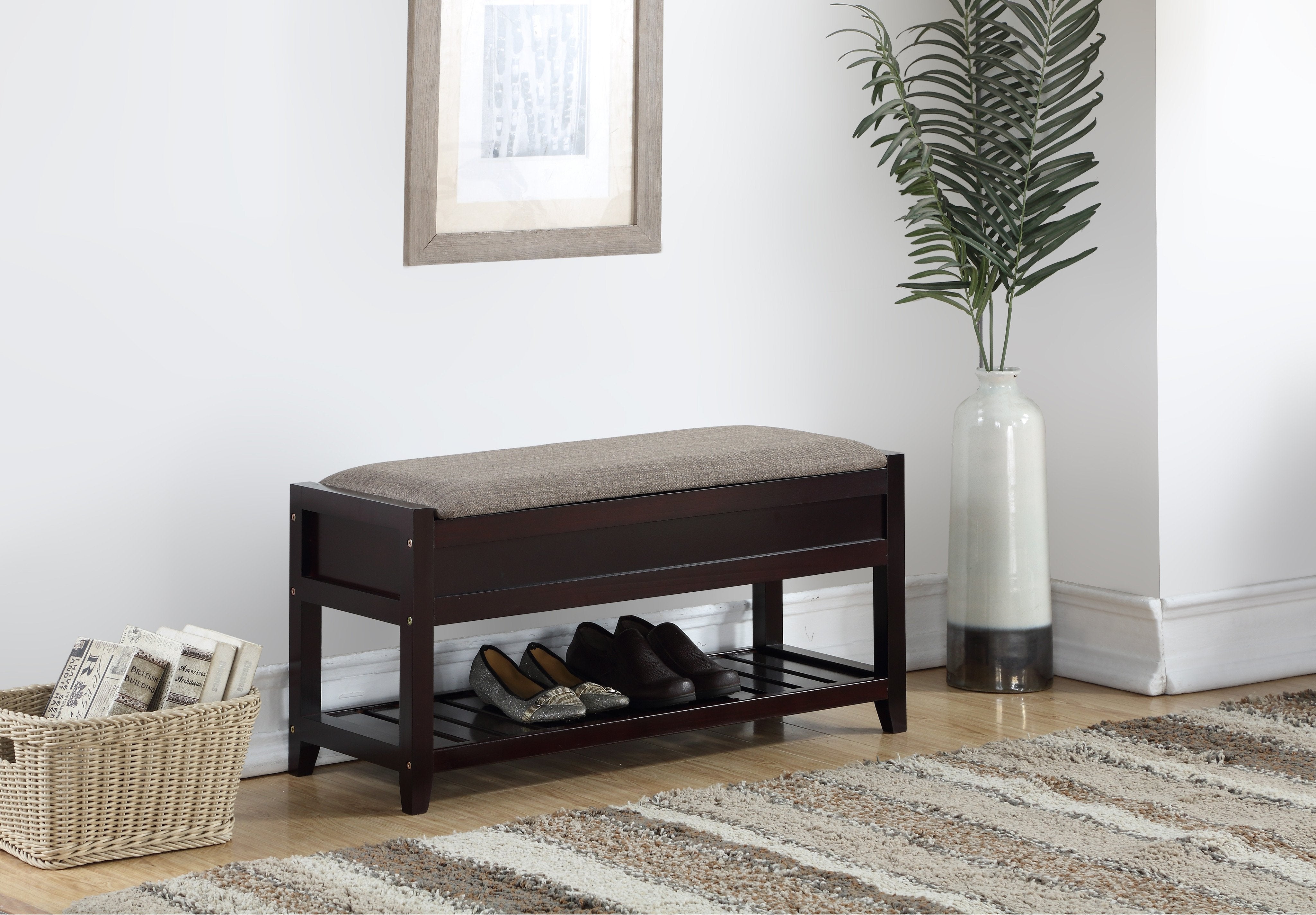 Roundhill Furniture Rouen Shoe Storage Bench with Cushion - Espresso Finish - Entryway, Mudroom, and Bedroom Seating Solution