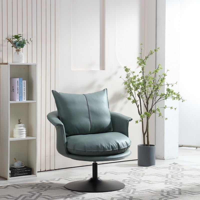 Swivel Leather Accent Chair - Upholstered Living Room Armchair with Retro Design, Comfortable Reading Lounge Chair for Home Office, Bedroom or Study Room