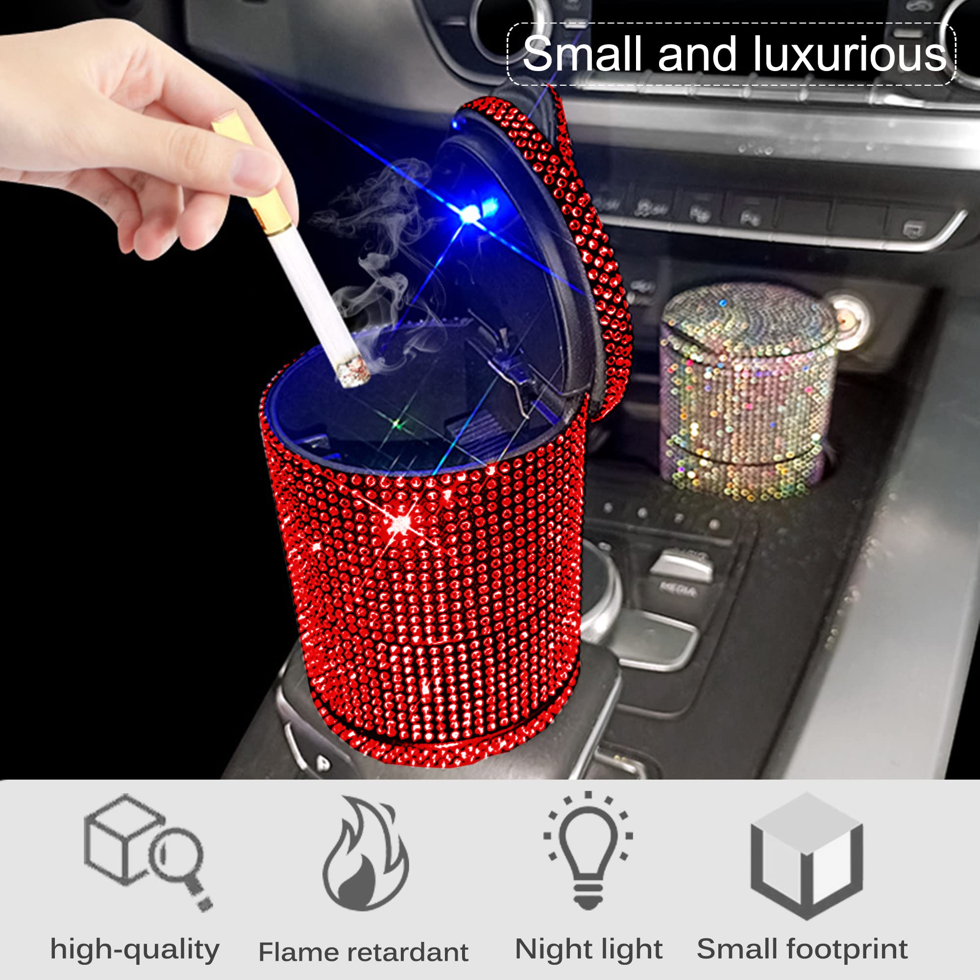 Crystal Diamond Car Ashtray with Lid - Smell Proof & Blue LED Light - Portable Bling Ashtray for Car - Smokeless Cigarette Holder & Mini Trash Can (Red) - Perfect for Road Trips, Camping & Outdoor Smoking