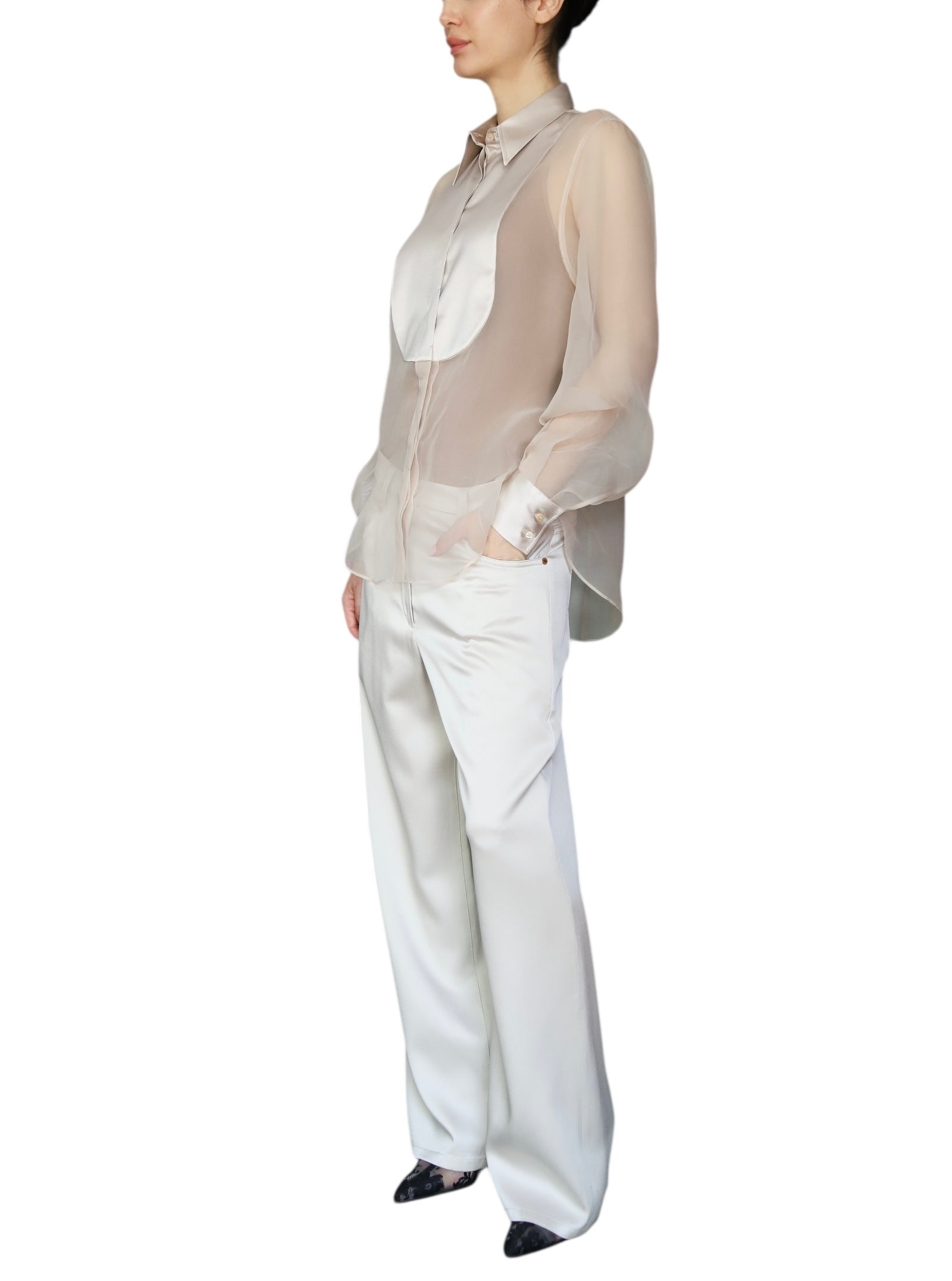 Brunello Cucinelli Beige Sheer Silk Tuxedo Shirt for Men Size M - Elegant Formal Wear for Weddings & Evening Events