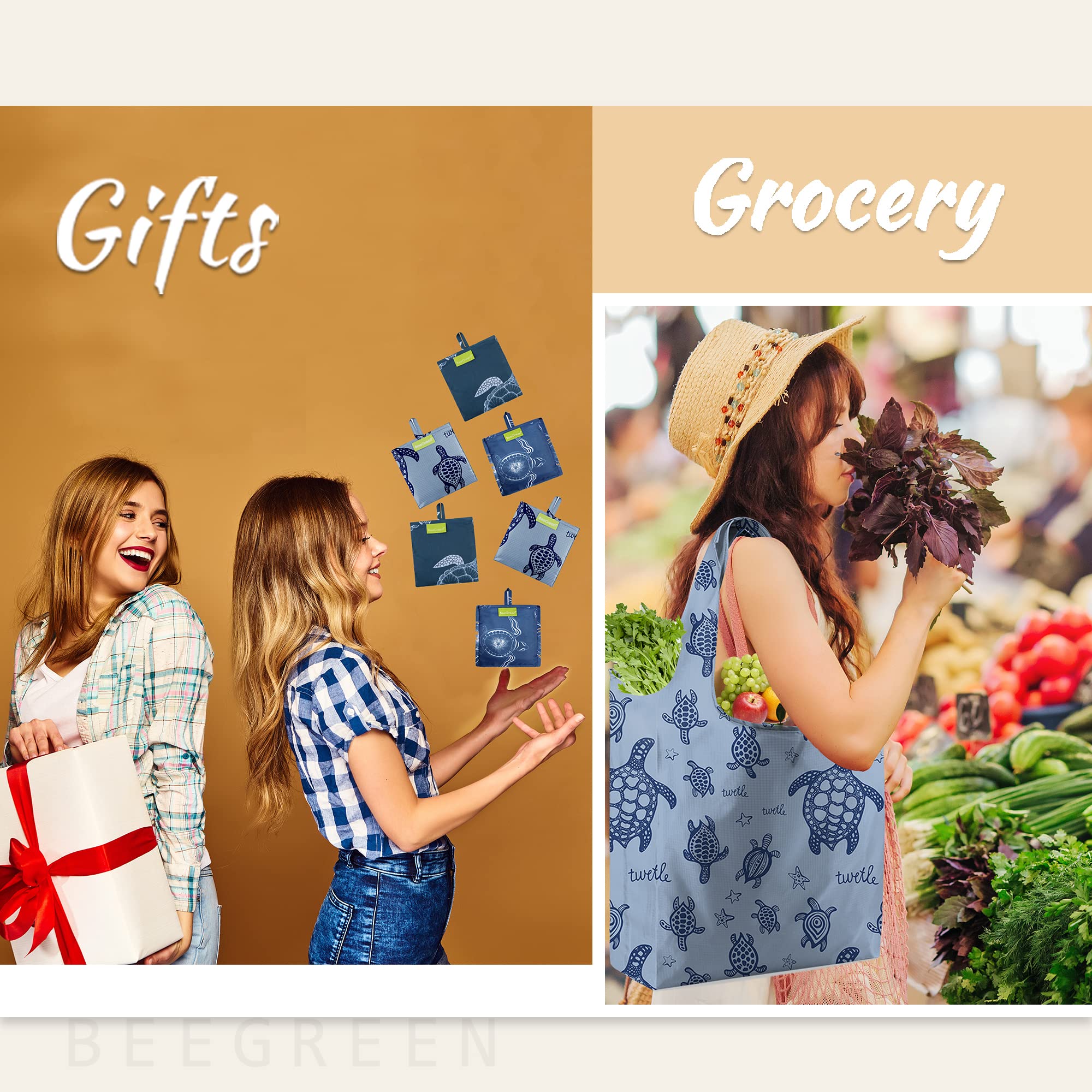 BeeGreen Foldable Reusable Grocery Bags - 6 Pack Heavy Duty Cloth Shopping Bags with Handles for Women, Cute Holiday & Gift Bags | Perfect for Grocery Shopping, Farmers Markets, and Eco-Friendly Gifting