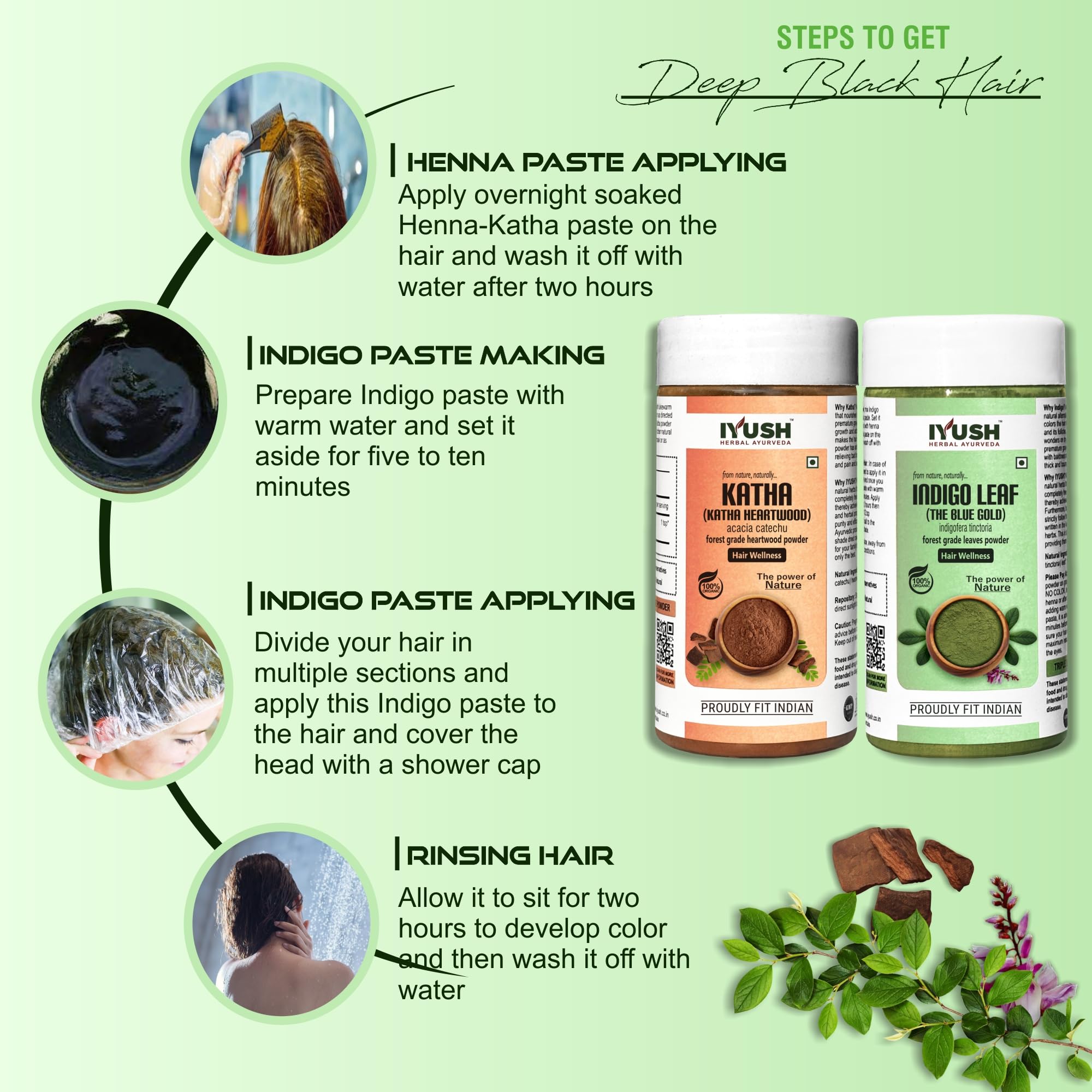 Organic IYUSH Ayurvedic Indigo Powder & Katha Powder for Hair Coloring - 200g (100g Each) | Natural Herbal Hair Dye for Gray Coverage | Hair Volume & Growth Treatment | Perfect for DIY Hair Masks & Ayurvedic Hair Care Routines